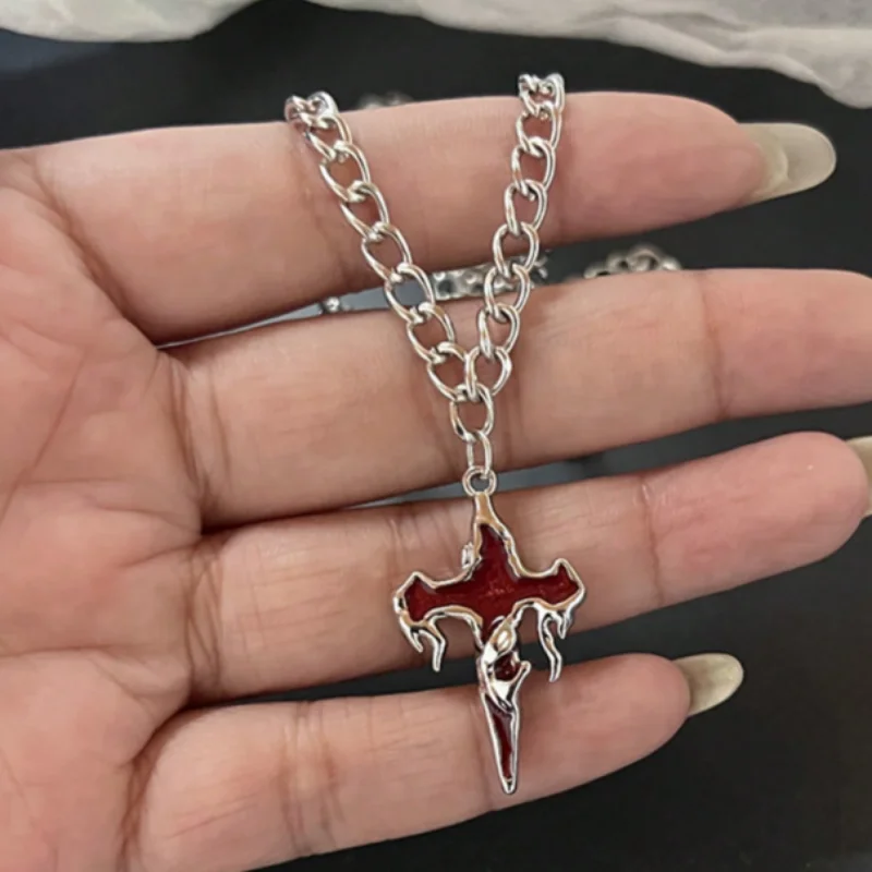 3Pcs Gothic Cross Pendant Necklace Set Multi Color Flame Cross Thick Edge Chain Necklace Men's and Women's Aesthetic Jewelry