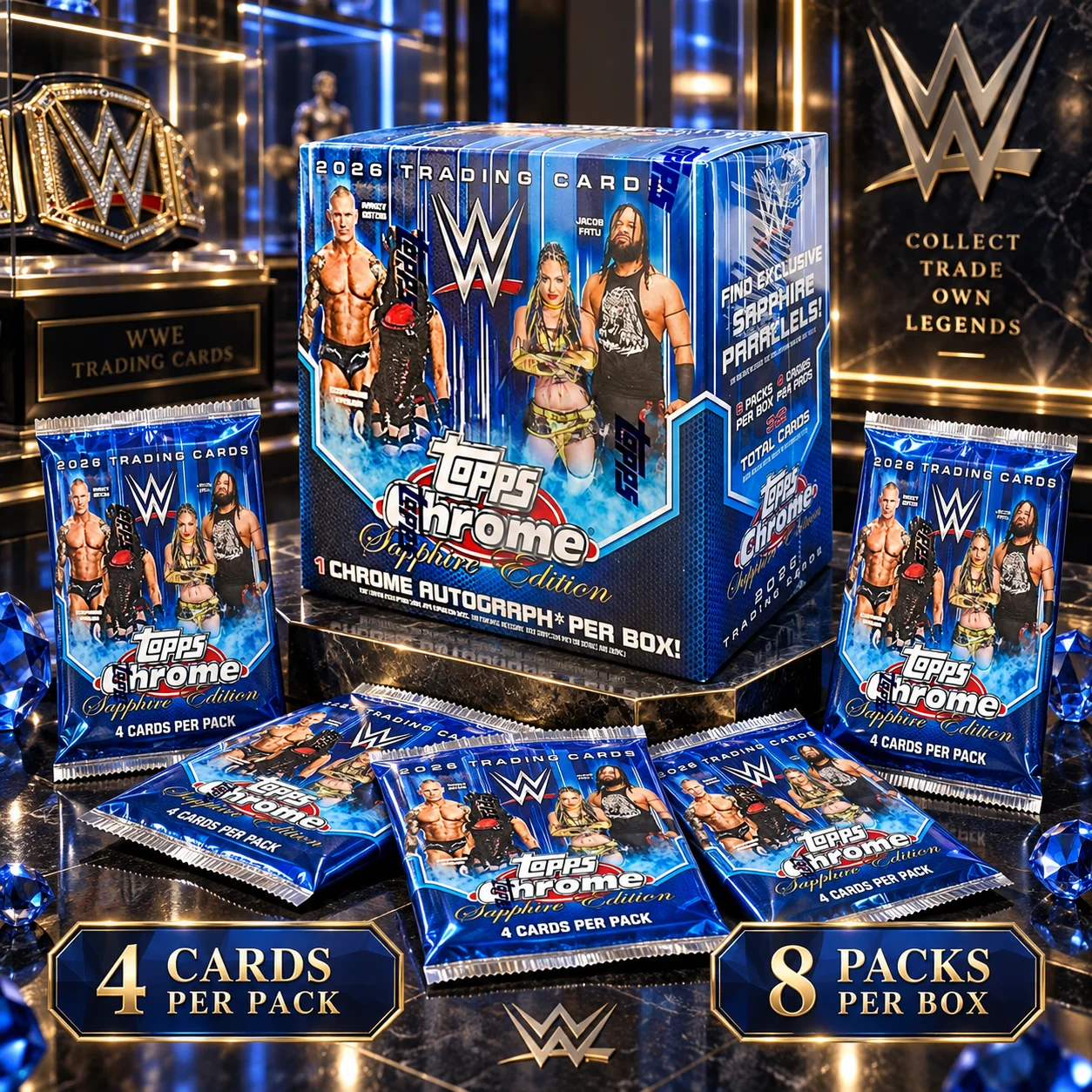 2026 Topps Chrome Pro Wrestling Sapphire Edition Box, 8 Packs Per Box, 4 Cards Per Pack, Entertainment Trading Cards for Sapphire Edition Collecting and Wrestling Card Hobby