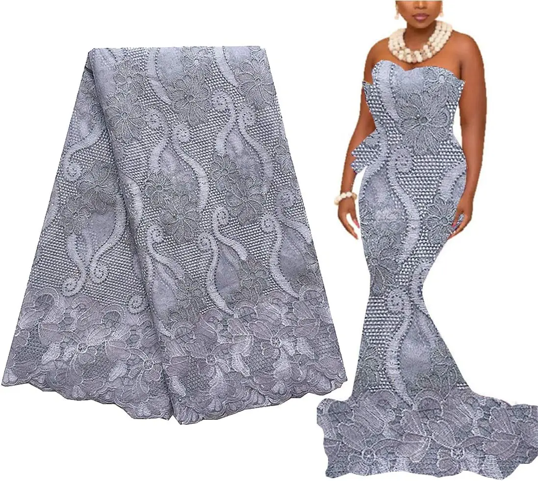 

African Lace Fabric 5 Yards Gray Swiss Embroidered Net Lace Fabric 2026 Mesh Tulle Nigerian French Lace Fabric for Wedding