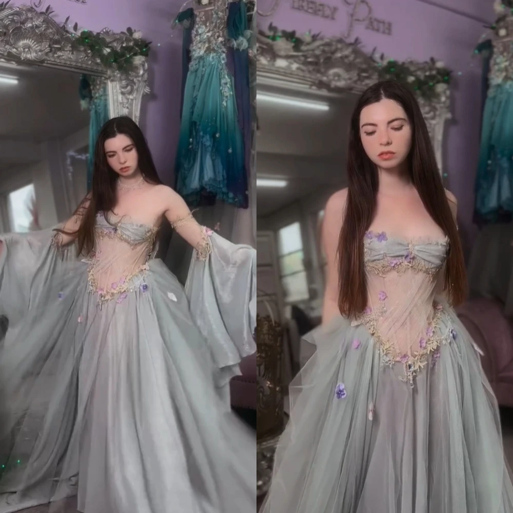 Vestido de noche con flores 3D sin tirantes para mujer, mangas acampanadas de ensueño, apliques impresionantes, vestido de tul para fotografía, nuevo diseño, 20191 #