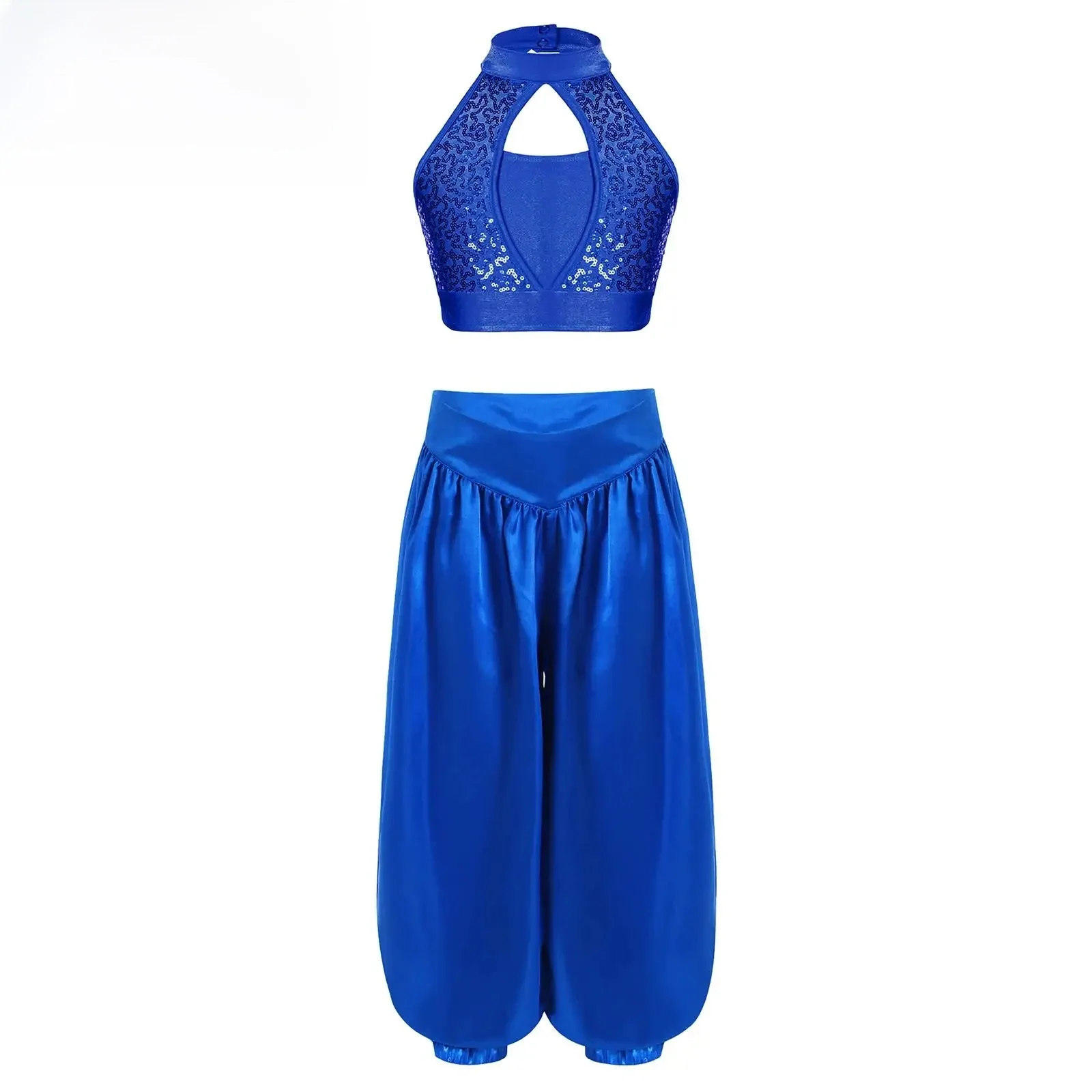Ensembles de vêtements de danse pour filles, Costumes de danse du ventre à paillettes sans manches pour enfants, haut court + pantalon bouffant, tenues de spectacle de danse du ventre