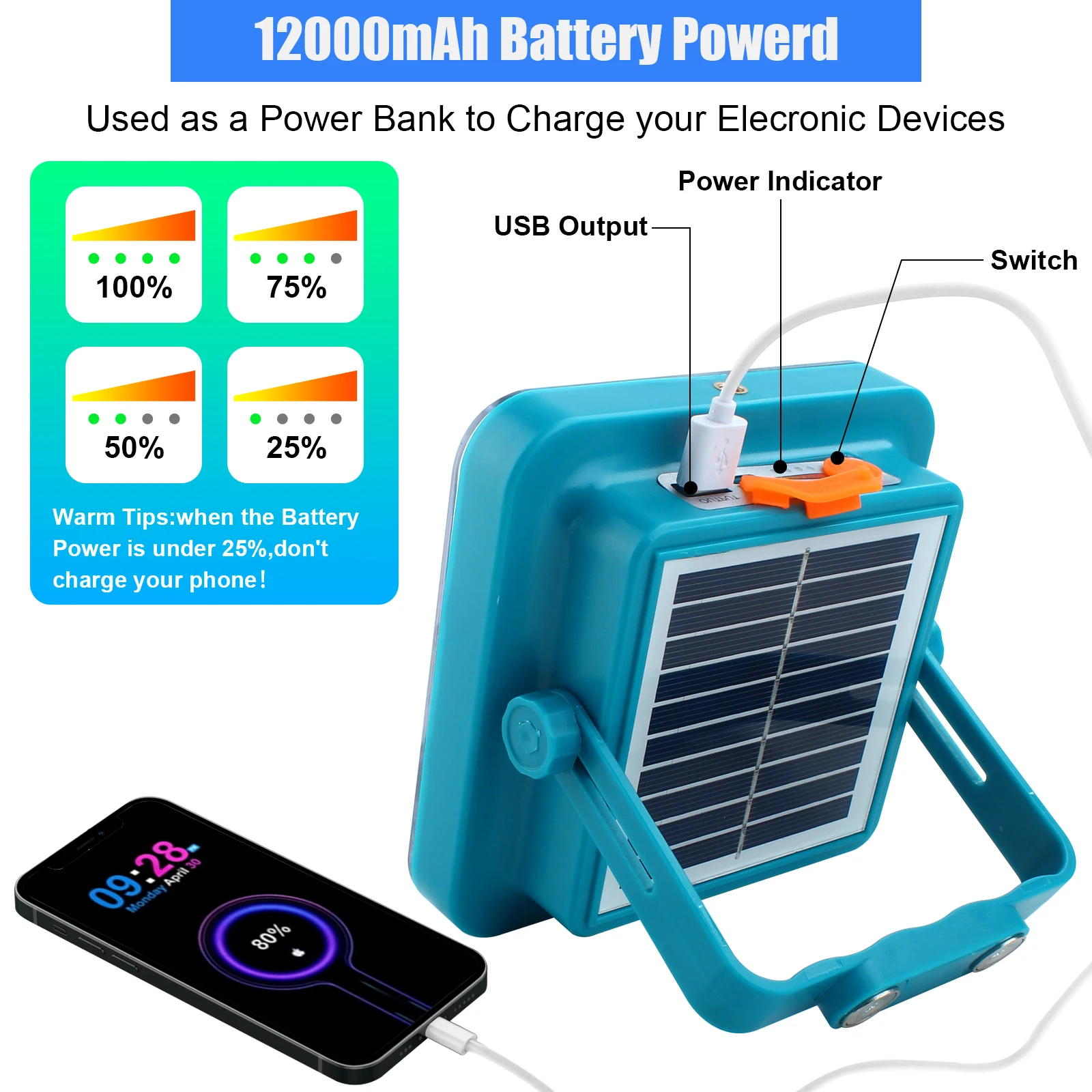 Imagem -03 - Lanterna Led Recarregável Solar Portátil Tent Light Emergency Night Market Light Lâmpada de Acampamento ao ar Livre 12000mah