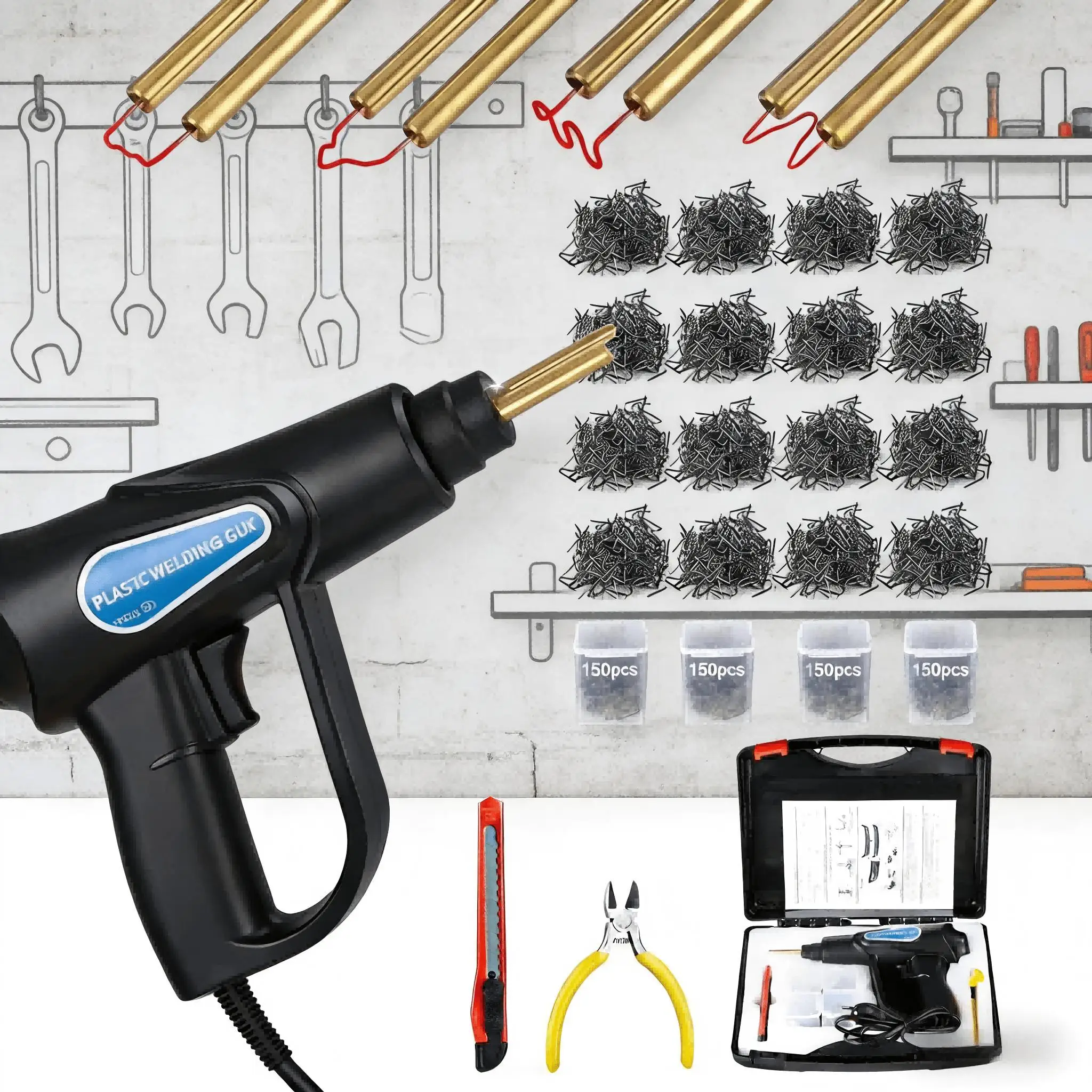1 Set Heißklammer-Kunststoffschweißgerät, Autoreparaturmaschine mit Schweißpistole und Klammern, Professionelles Kunststoffschweißwerkzeug für Karosserie-Rissreparatur, Geschenk für
