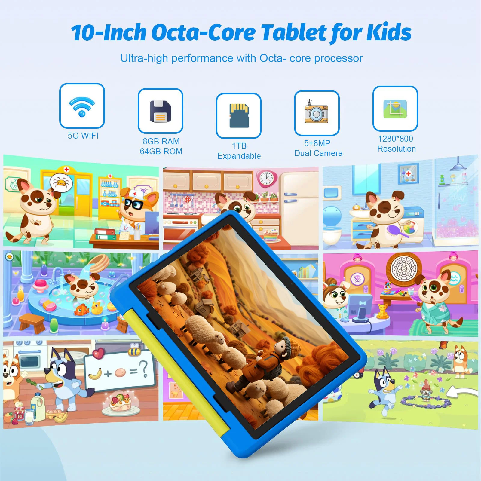 KT1016 Tablet per bambini Android 11 da 10,1 pollici Quad Core 8 GB RAM 64 GB ROM WiFi Bluetooth con custodia protettiva a prova di bambini Regalo per bambini