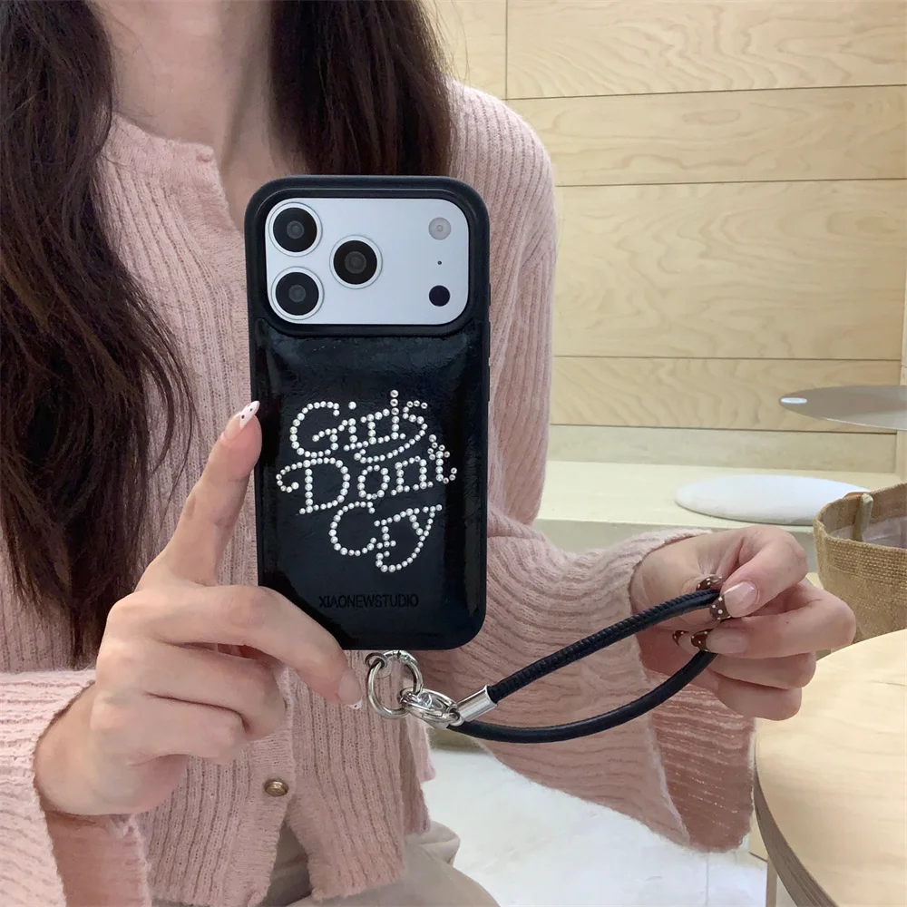 حافظة هاتف جلدية جديدة لا تبكي فتاة إنجليزية مع حبل معلق مناسبة لهاتف iPhone 17 Pro، 13، 14، 15، 16 Pro Max Anti Fall Fash