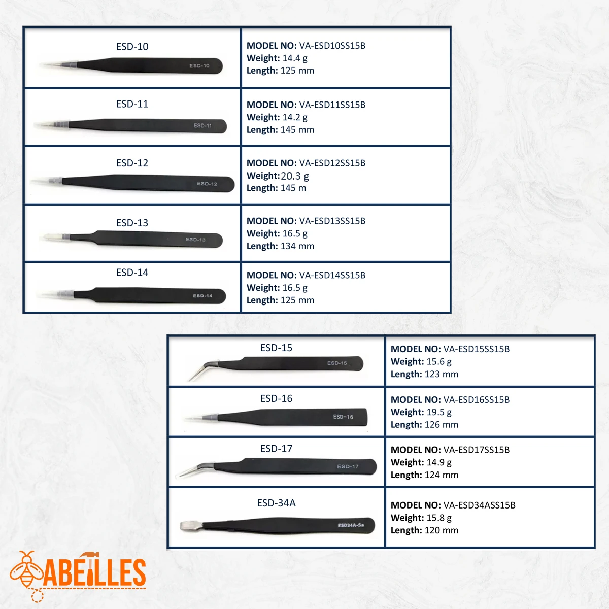 Conjunto de pinças de aço inoxidável antiestático, ESD, ESD, ESD-10, ESD-11, ESD-12, ESD-13, ESD-14, ESD-15, ESD-16, ESD-17, ESD-34A,, 9pcs por conjunto, 1,5mm