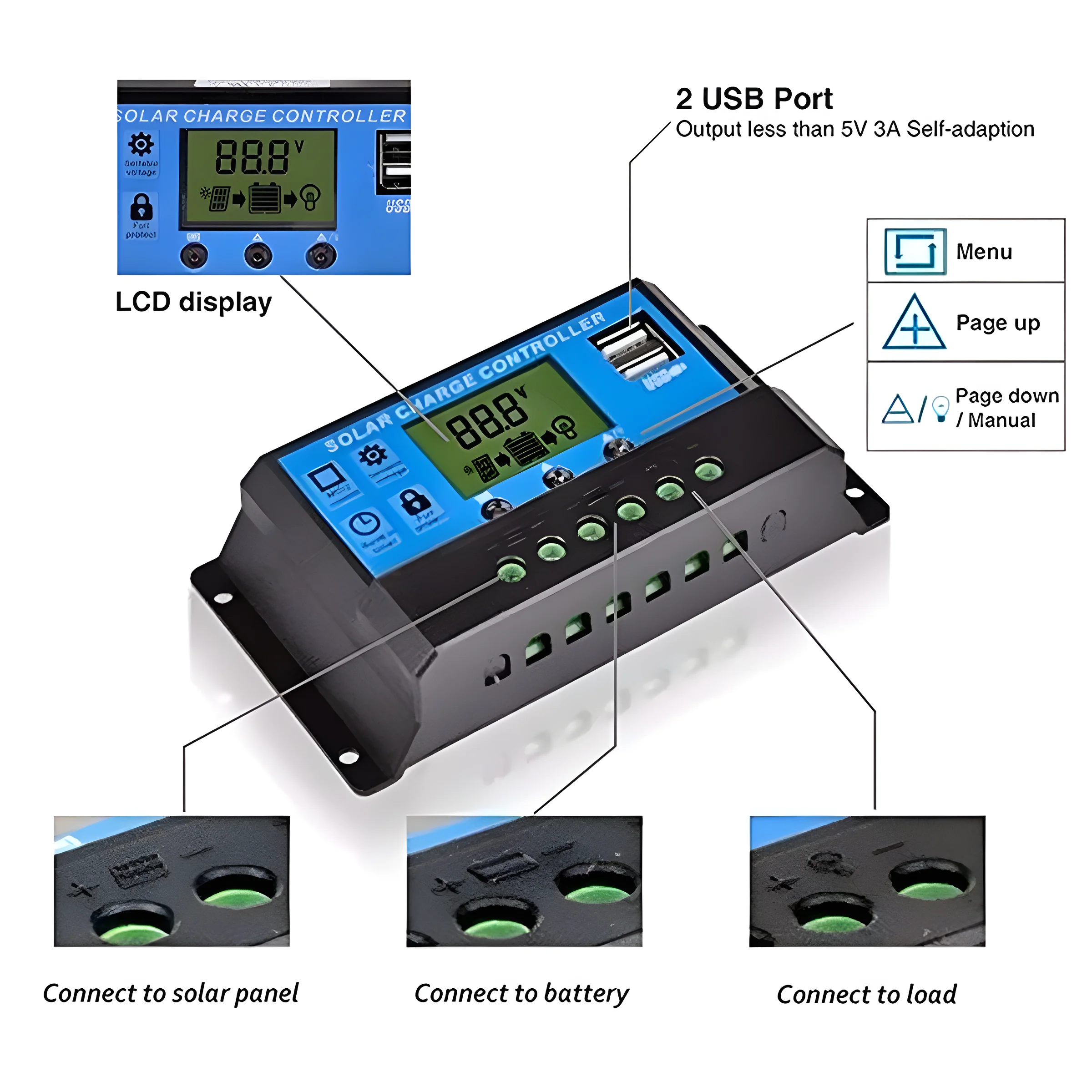 Solar Charge and Discharge Controller LCD Display Dual USB Automatic Solar Panel Charger Regulator 5V-24V Voltage Regulator