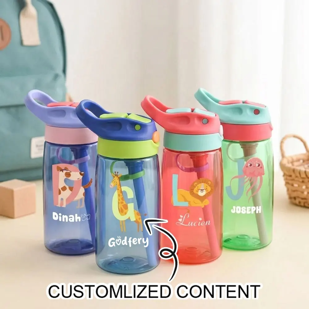 Personalisierte Kinder-Trinkflasche mit Klappdeckel und Strohhalm, BPA-freier Tritan-Trinkbecher für Schule, Reisen, Outdoor-Sport und den Alltag