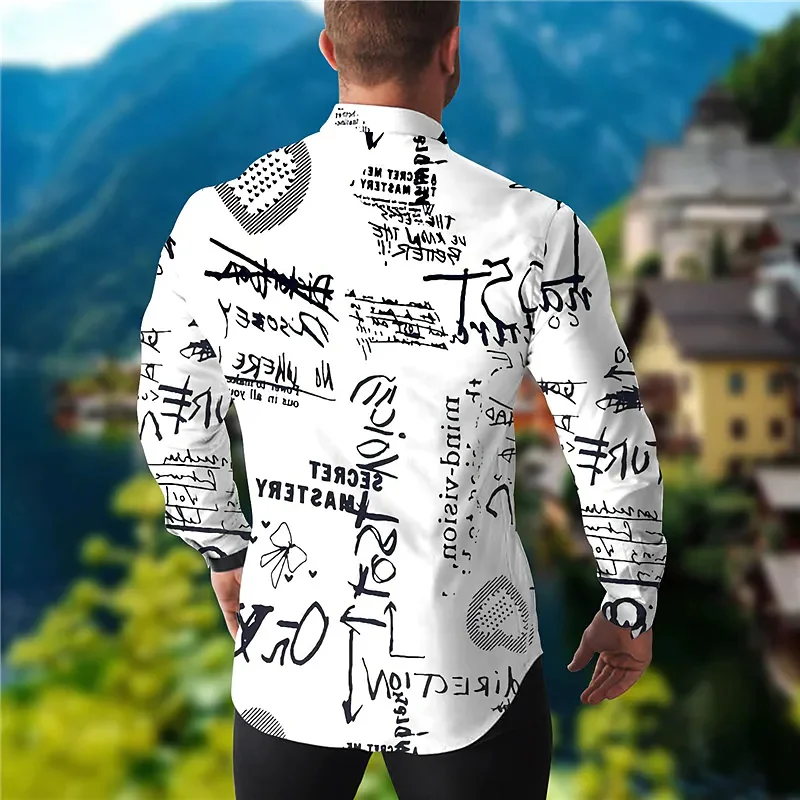 Newspaper Text Art Fashion Luxury Party Evening Dress Shirt Lapel Button Down Shirt Casual Print Long Sleeve Top Men Sweater