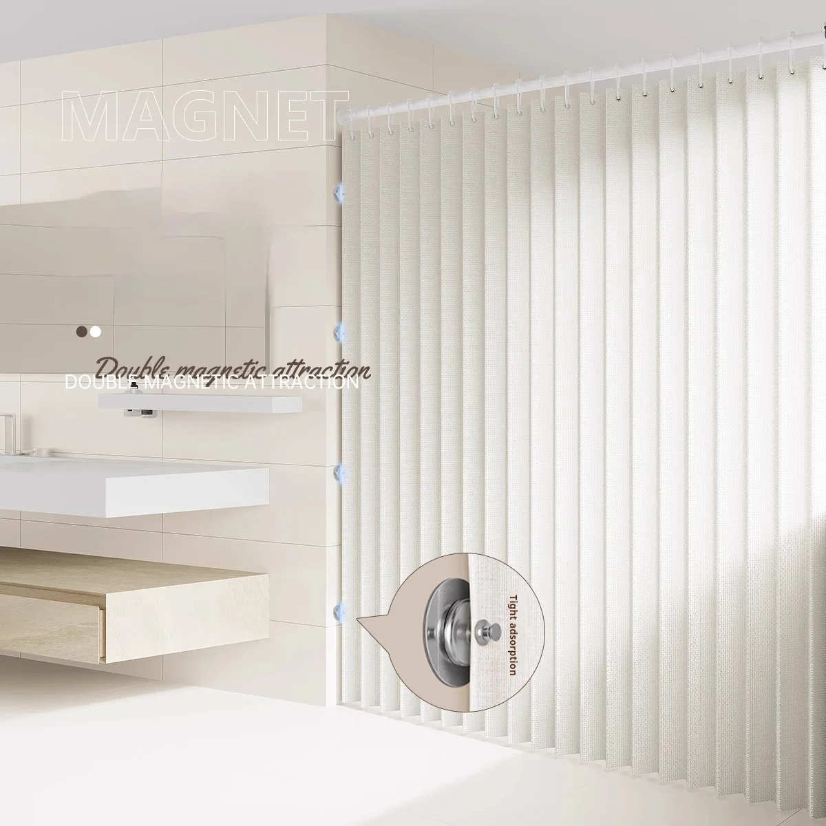 Foldable Magnetic Shower Curtain Waterproof Privacy Bathroom Curtain for Apartment Hotel Rental Bathroom Stylish Decor