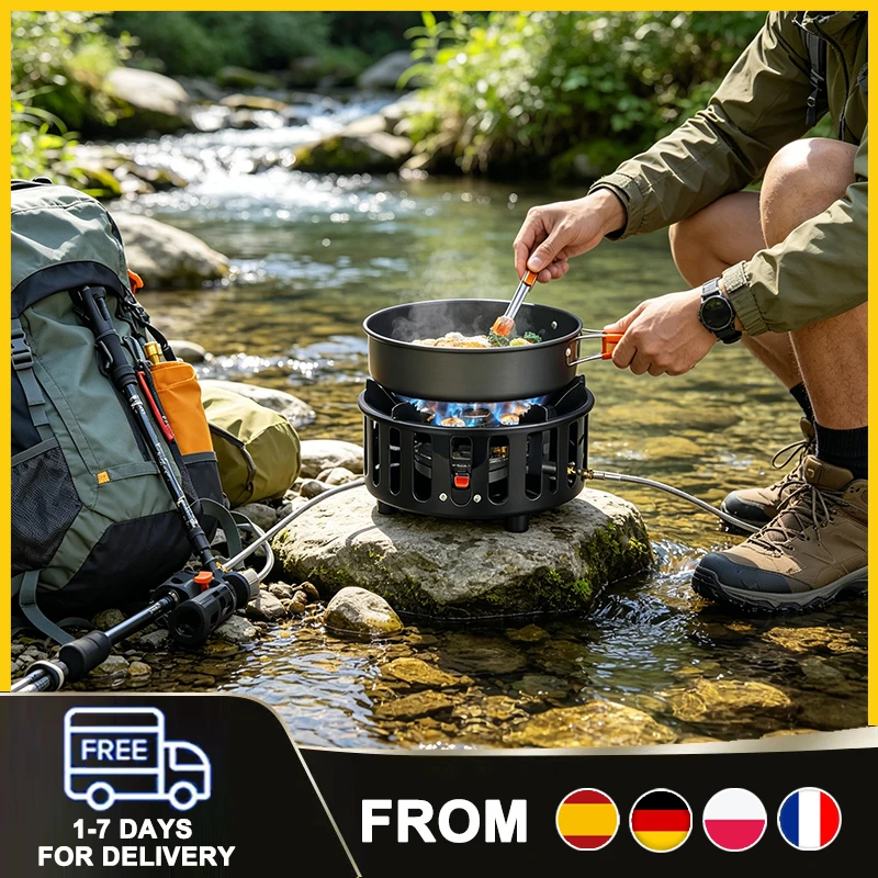 Estufa de Gas para Exteriores de Alta Potencia con Siete Quemadores, Estufa de Camping con Tres Adaptadores Diferentes, Portátil, Resistente al Viento, Compatible con Múltiples Combustibles para Camping, Barbacoa, Picnic, Senderismo