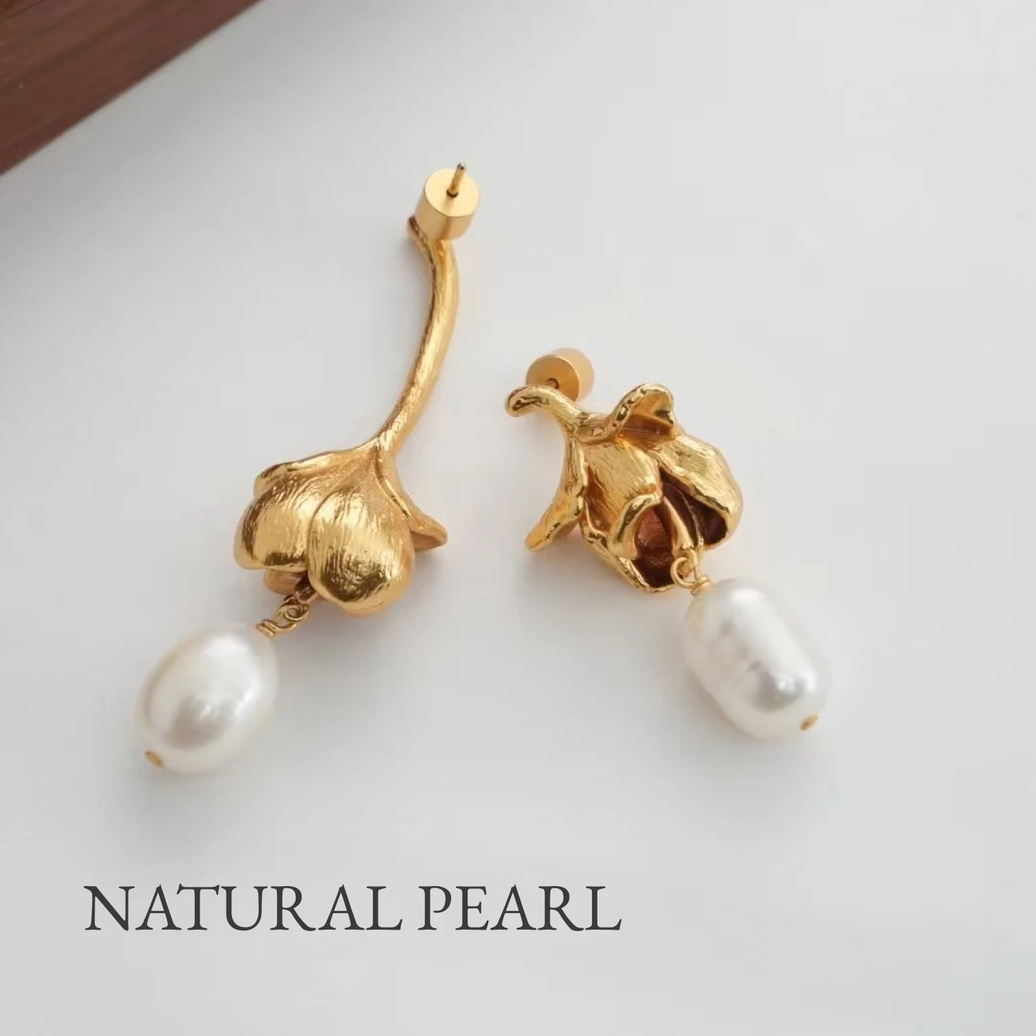 

YAJUNIEL 24K Real Gold Plated Rosebud Pearl Drop Earrings Asymmetrical Flower Dangle Earrings with Natural Pearls for Women