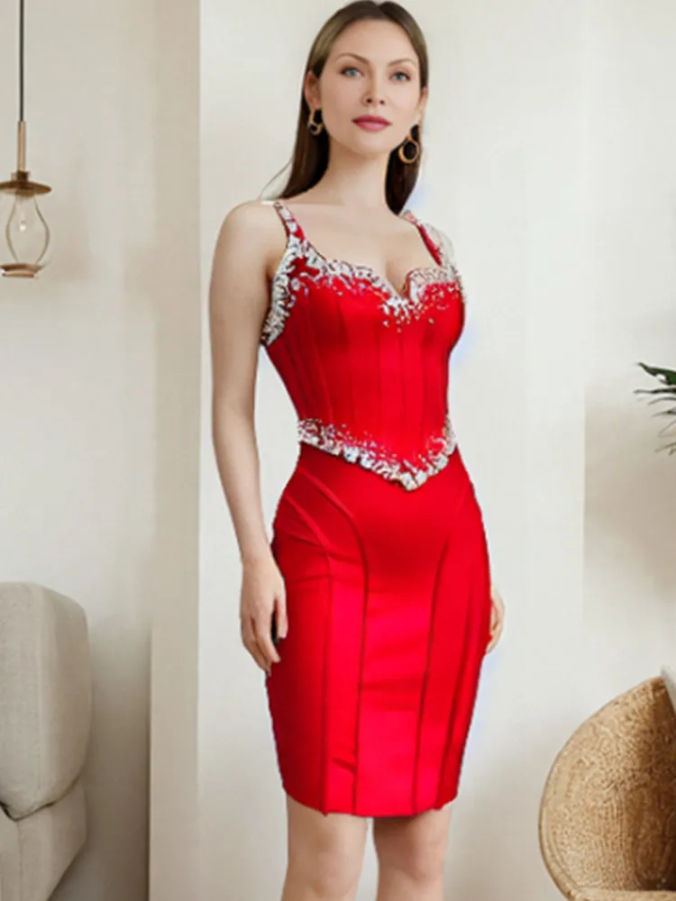 

Summer new red fashionable backless sleeveless diamond studded V-strap tight bandage dress elegant evening dress vintage