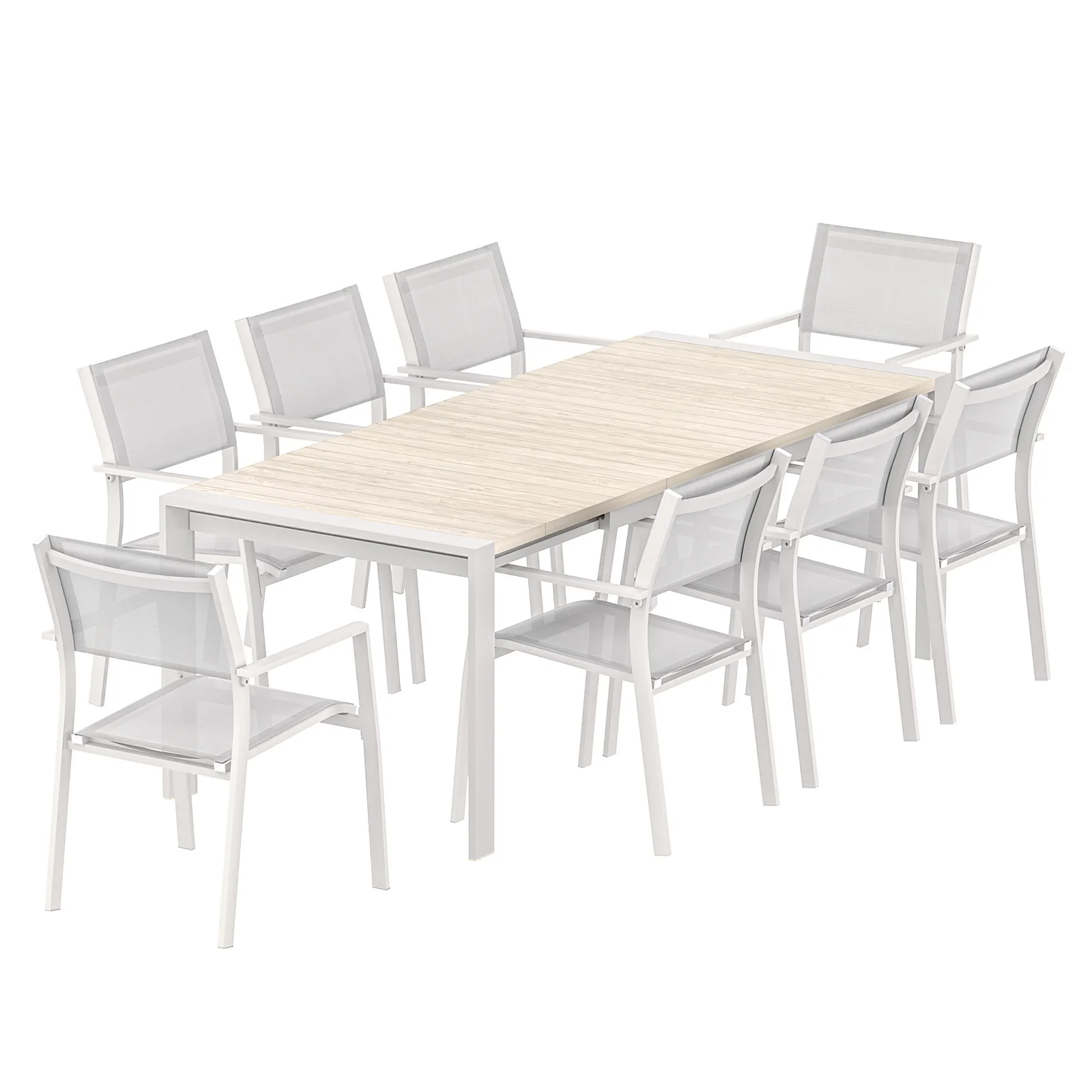 SEEHILL 9 Pieces Extendable Patio Dining Set, 6-10 Person Expandable Outdoor Dining Table with Wood Grain Top and 8 Stackable Textilene Dining Chairs, Aluminum Patio Table and Chairs Set for Backyard