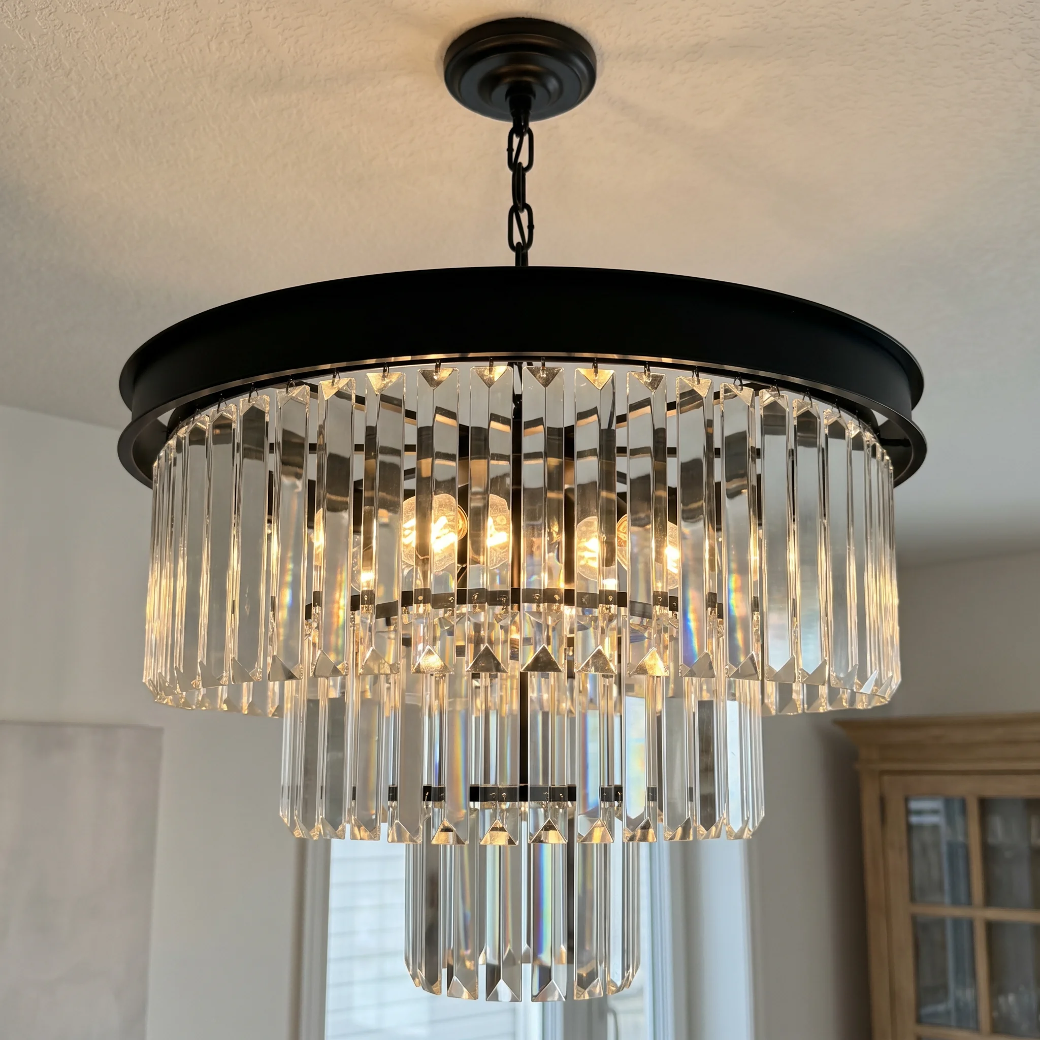 Modern Black Round Crystal Chandelier, K9 Crystal Adjustable Chain Light Fixture for Dining Room Living Room Kitchen Island