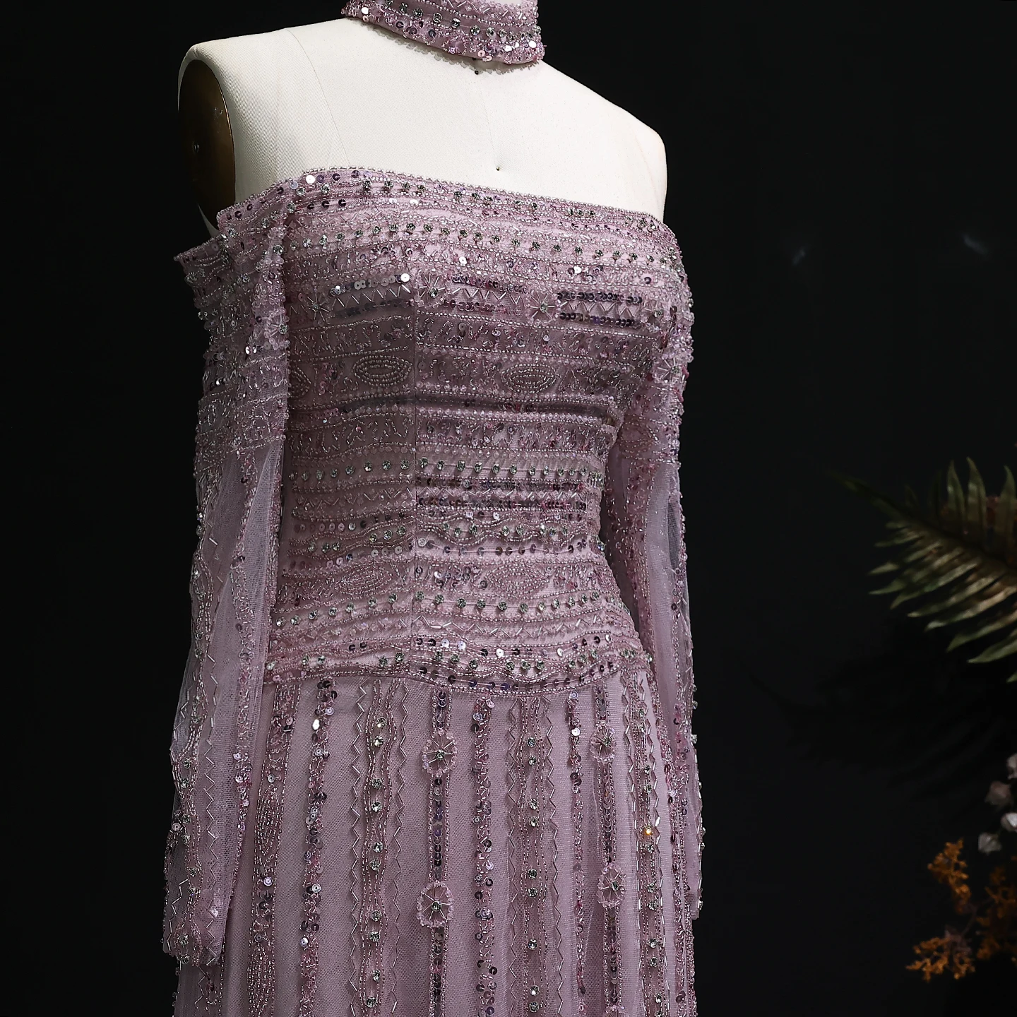 Sharon Said Luxury Silver Beaded Elegant Off Shoulder Evening Dress with Choker Long Sleeves Luxury Wedding SS178 Customized