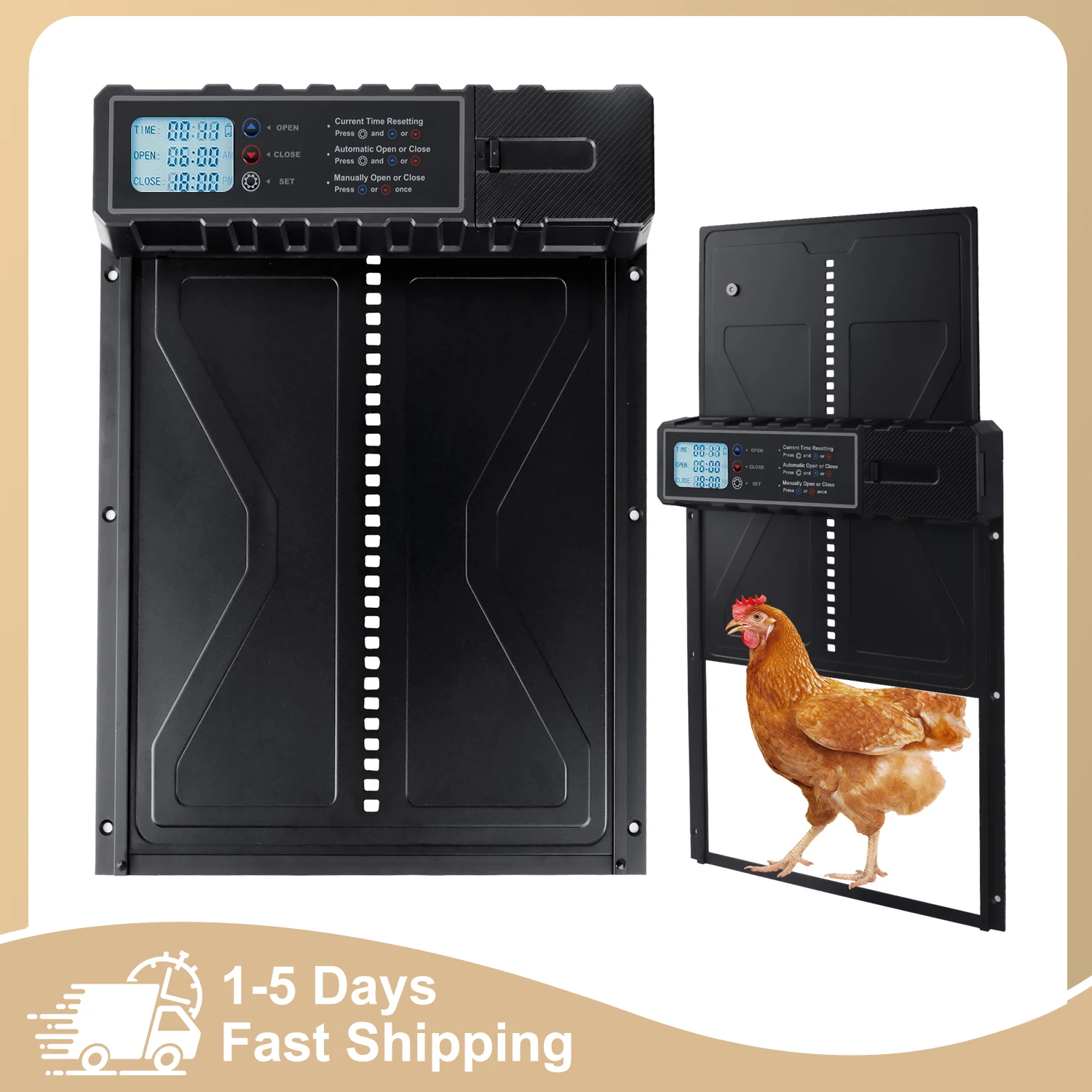 Porte automatique pour poulailler, en alliage d'aluminium résistant aux intempéries, mode minuterie et manuel, anti-pincement, fonctionne sur piles, pour poulailler