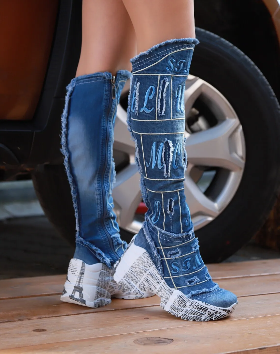 Denim Boot Above Knee Boots  Handcrafted Sexy Design Blue Pattern Embroidered Denim Women\'s Boots / Birthday Present