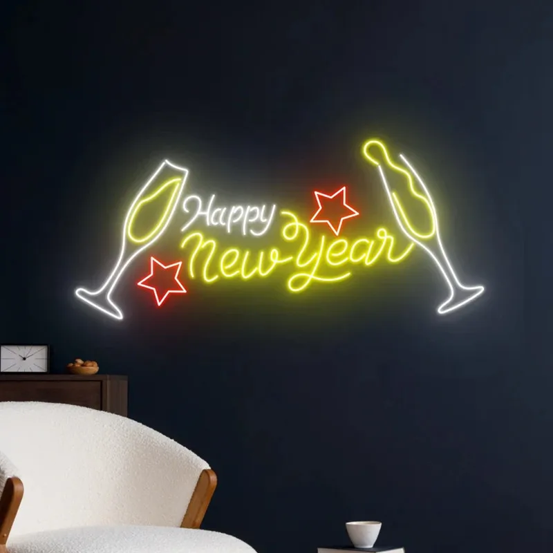 Happy New Year Neon Sign, Happy New Year Led Sign, Champagne Cheer Neon Light, Christmas Led Light, Holiday Celebrate Room Decor