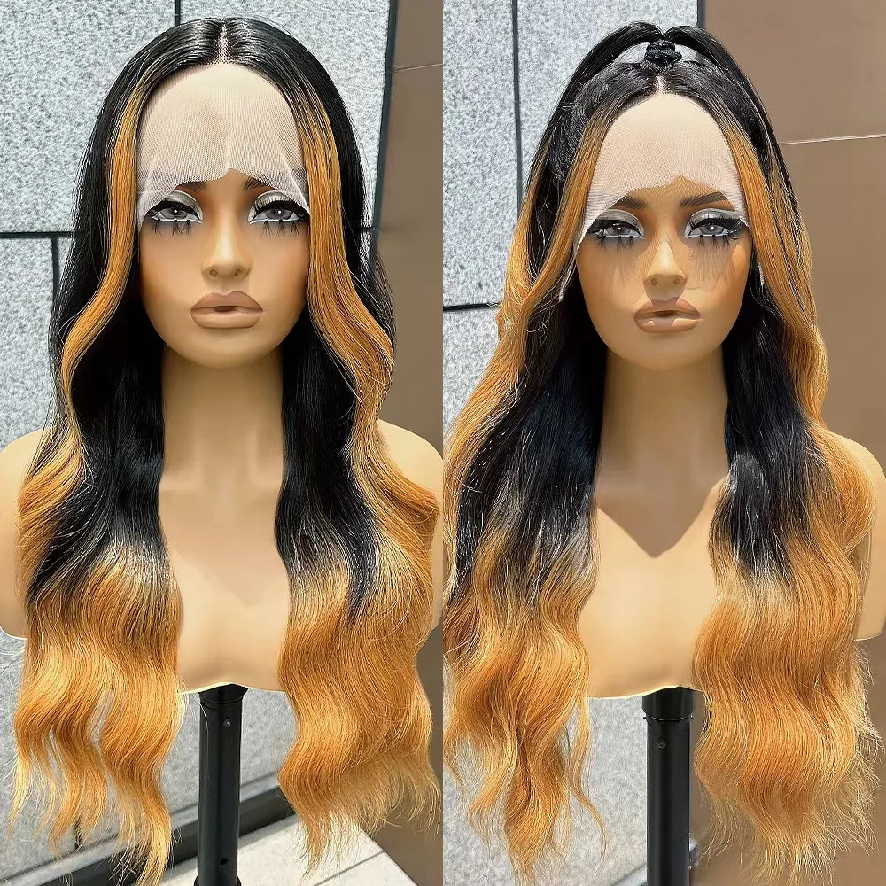 Ombre Honey Blonde Body Wave Wig Long Wavy 13x4 Lace Front Wigs Pre Plucked Skunk Stripe Colored Glueless Synthetic Wigs 28 Inch