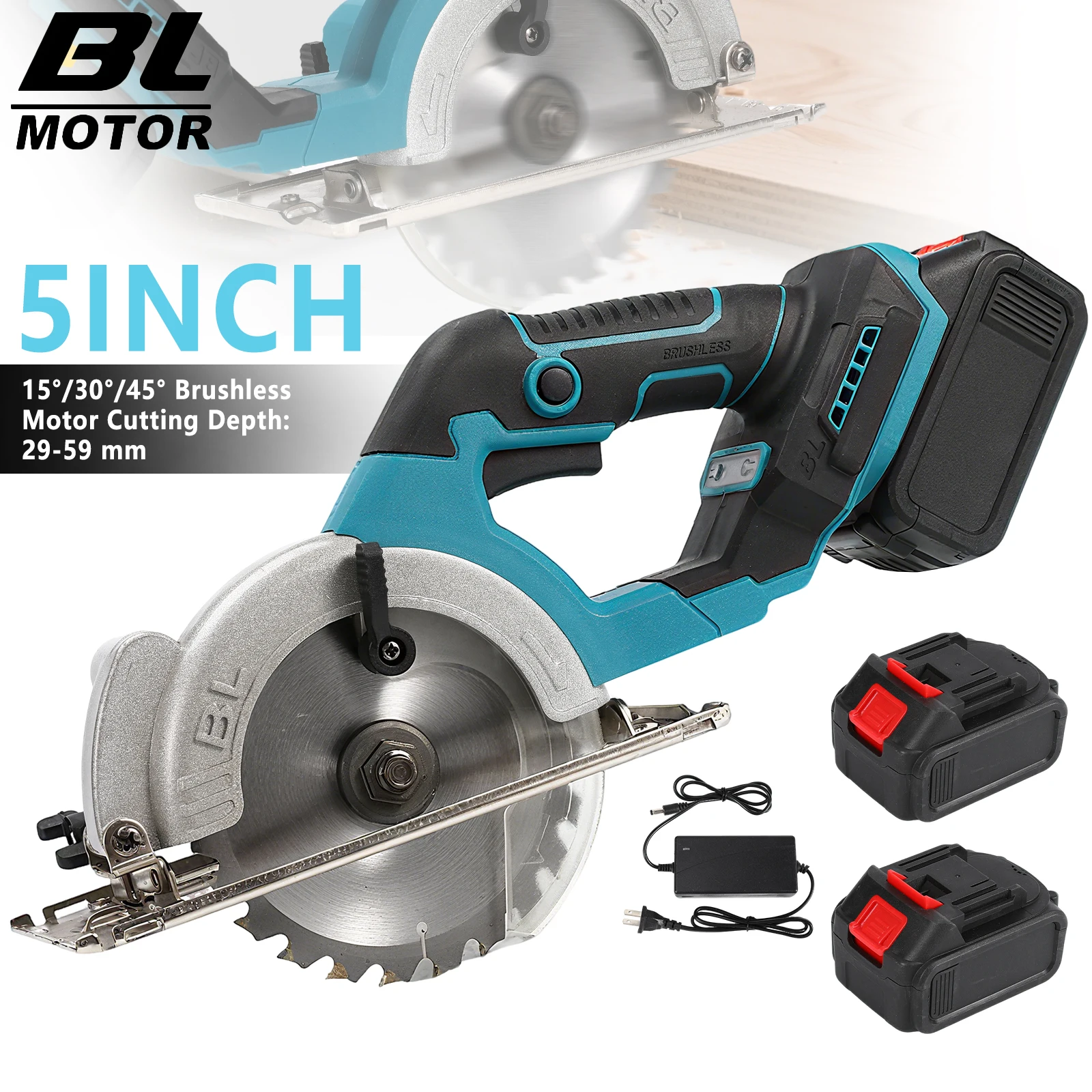 Sierra Circular sin Escobillas de 5 Pulgadas, 10000 RPM, Mini Sierra Ingletadora Manual, 1000 W, Compatible con Batería Makita de 18 V, para Cortar Madera