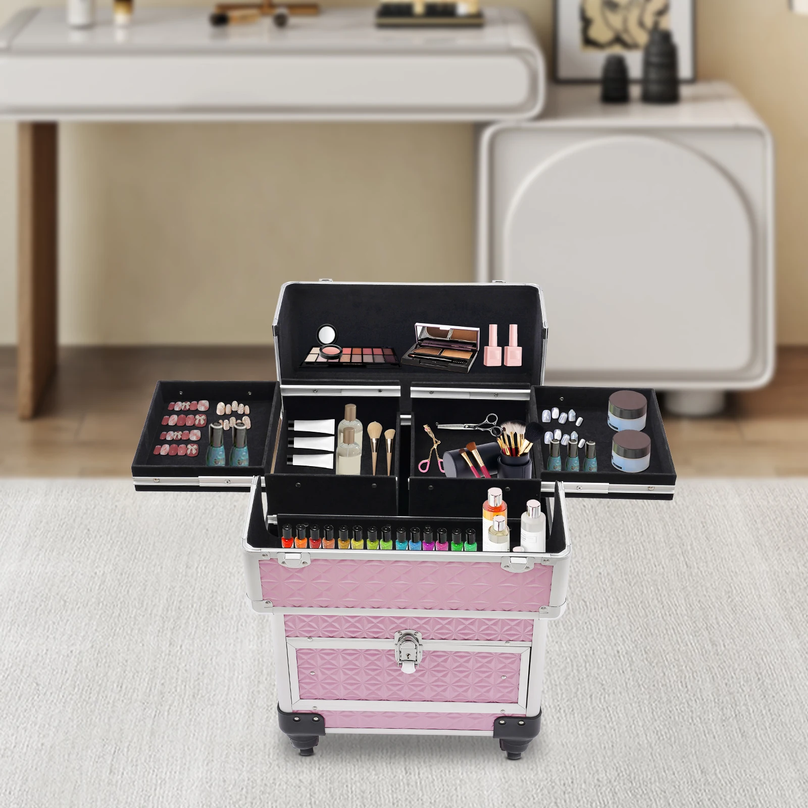 Makeup Train Case, Makeup Trolley with 7 Compartments and Smooth Drawer, Pink Nail Art Tattoo Hairdressing Storage Box, Gift