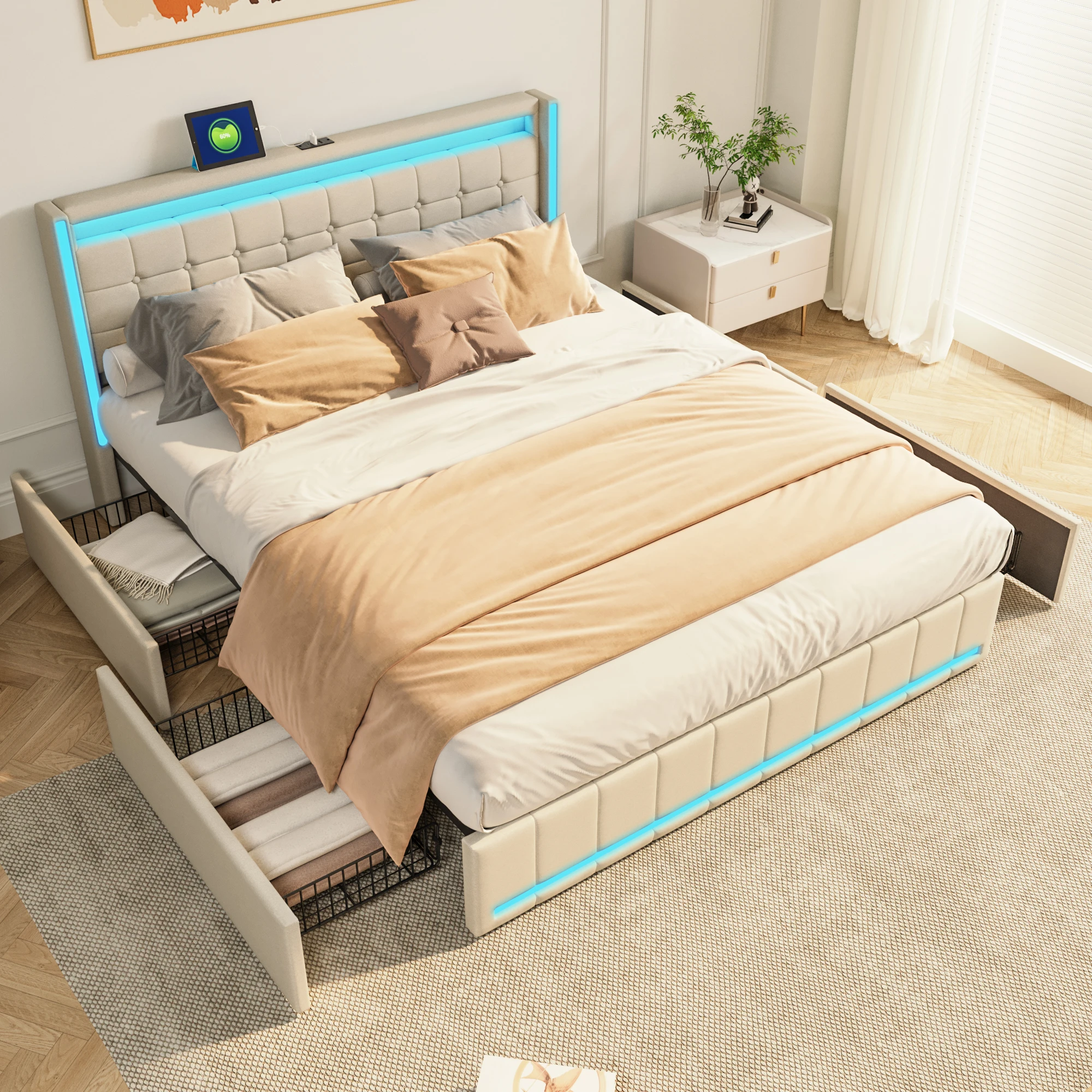 Superaly Cama para adultos de 140x190 cm con luz LED, cama doble tapizada con 4 cajones con ruedas, cama con cajones y carga USB, muebles de dormitorio