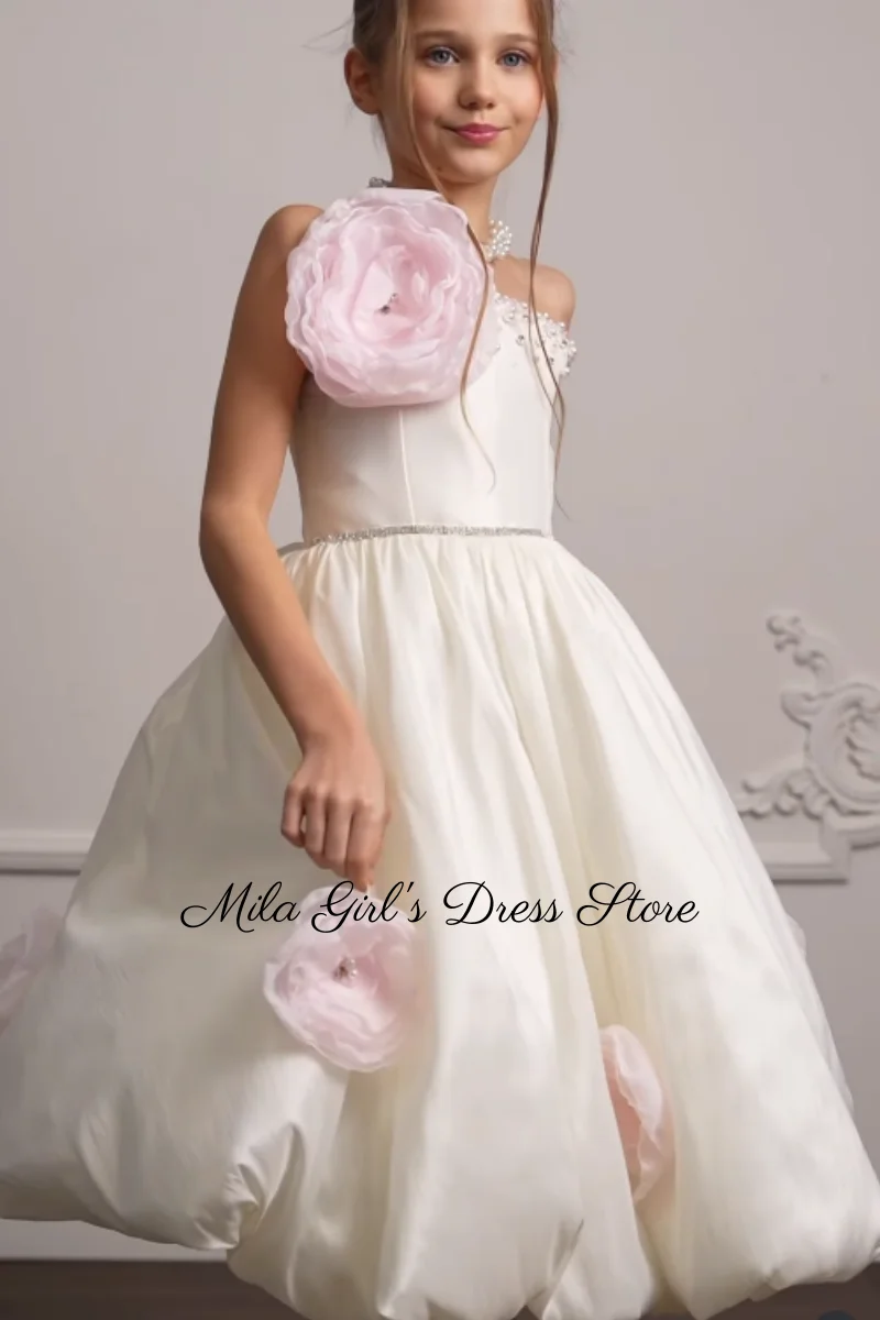 Ivory Satin Elegant Sweet Girl Birthday Party Dress Strapless A Line Bow Flower Girl Dresses Elegant Kid Birthday Gown Custom