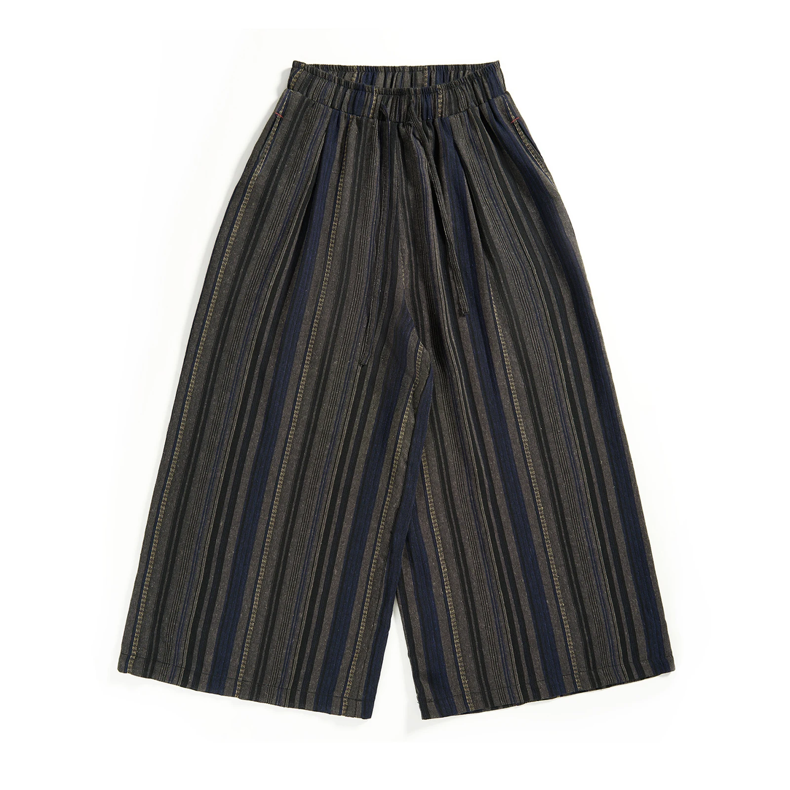 Men's Vintage Wide Leg Pants Loose Fit Striped Trousers Unisex Casual Elastic Waist Cotton Linen Cropped Pants Retro Streetwear