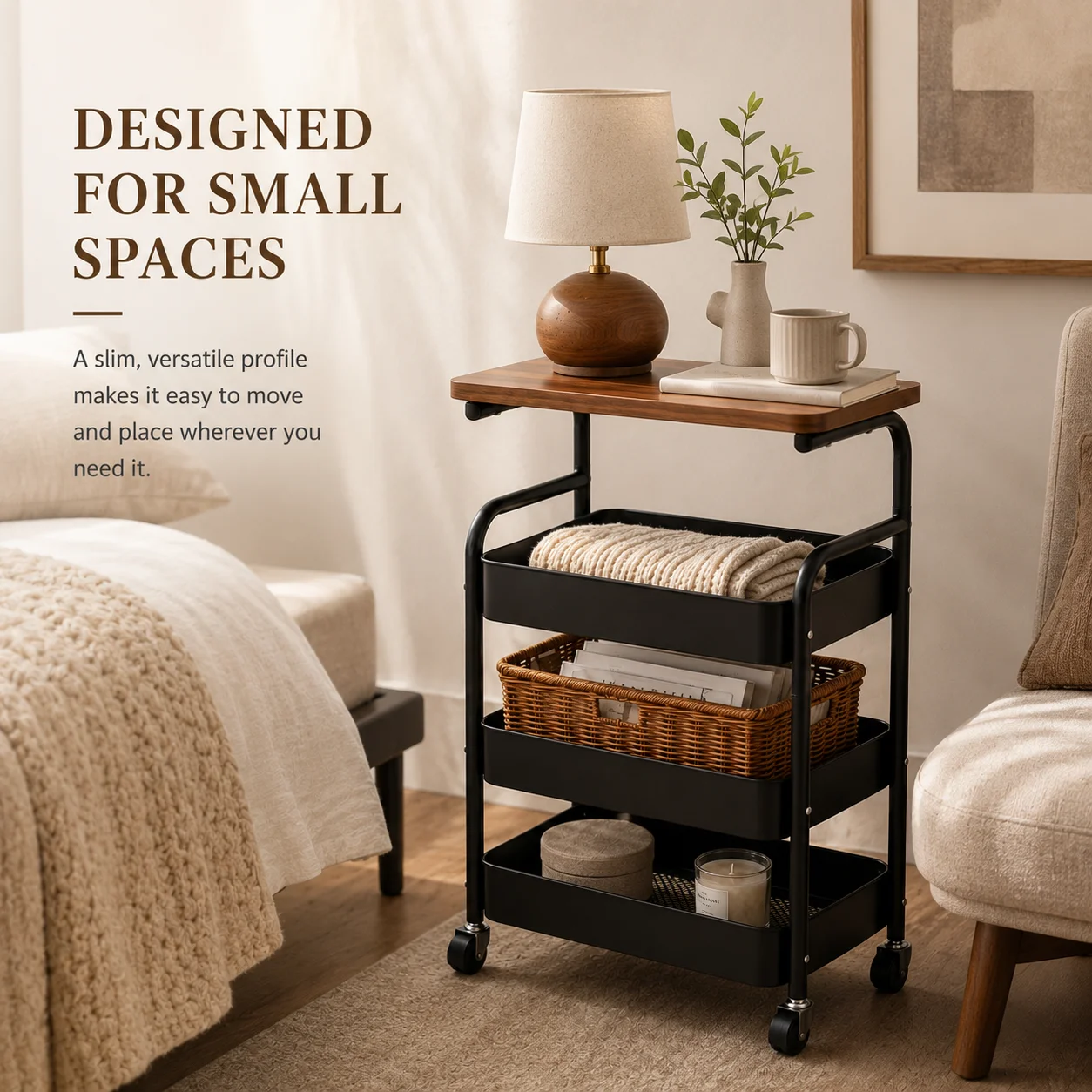 Multi-functional storage side table for the living room sofa, 2-tier/3-tier rolling multi-purpose storage cart with wooden top and lockable 360° swivel wheels, black metal wire baskets, movable wheeled side table, slim narrow heavy-duty metal frame organi