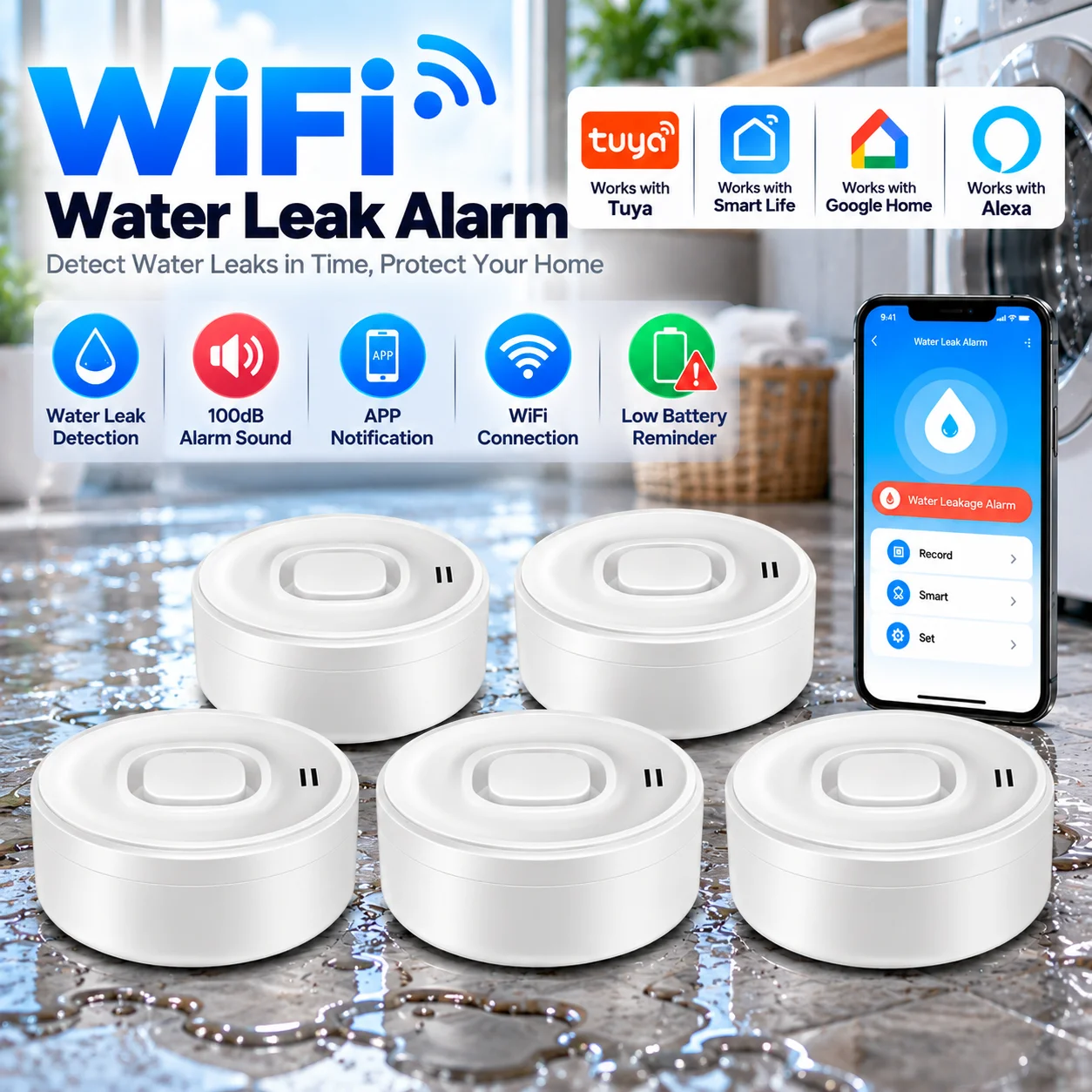 100DB WiFi Water Leakage Sensor Smart Home Water Leakage Detector Flood Alert Overflow Security Protection work with Tuya app