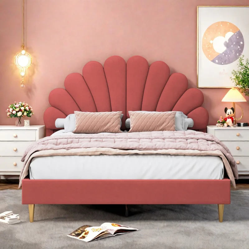 Lit de Pétales 140 x 200 cm, Lit en Forme de Coquillage avec Sommier à Lattes, Lit Rembourré, Lit pour Adolescente, Velours