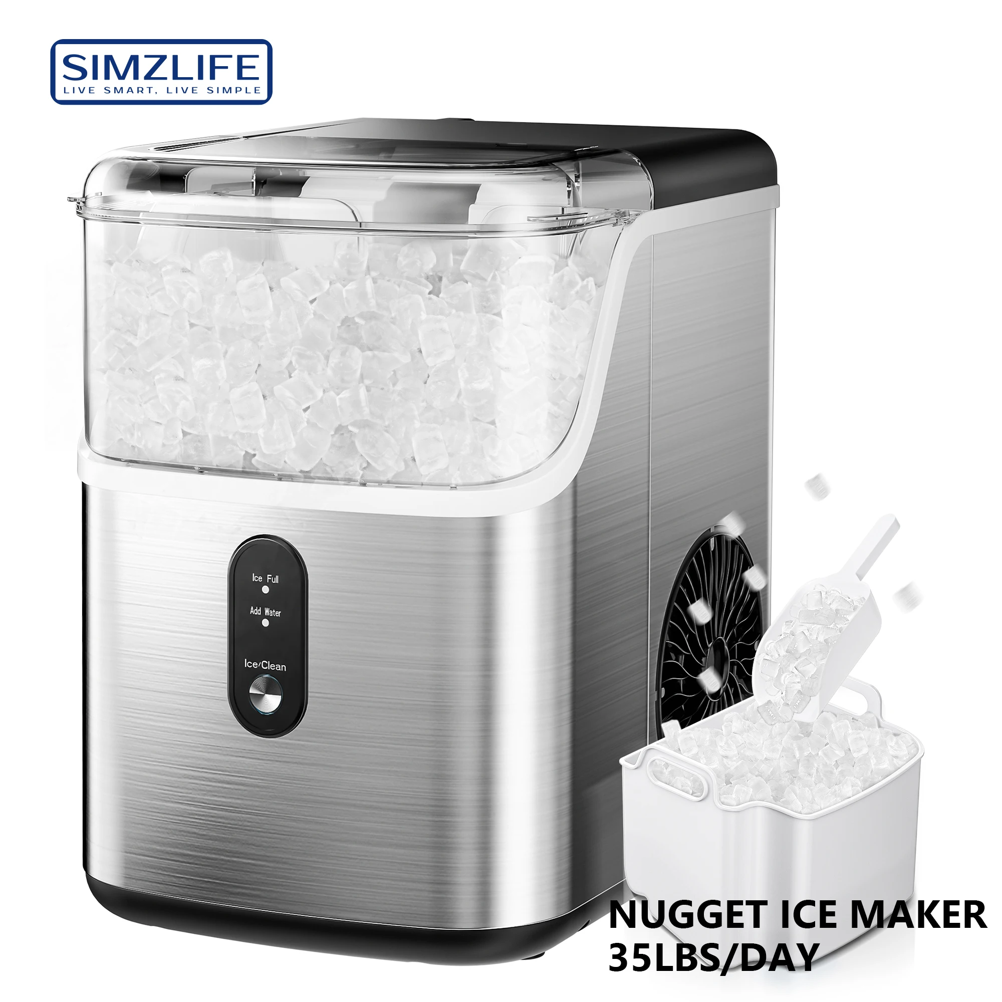 SIMZLIFE Nugget Ice Makers Countertop Pebble Ice Maker Machine 35lbs/24H Soft Ice Self-Cleaning Sonic Ice Maker for Home Office