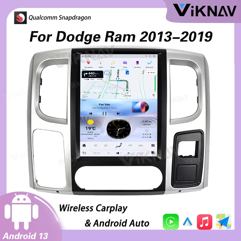 

Автомобильный радиоприемник Viknav Android для Dodge Ram 2013 -2018 12,1 дюйма, сенсорный экран, беспроводной Carplay, автомобильный GPS-навигатор, мультимедийный плеер