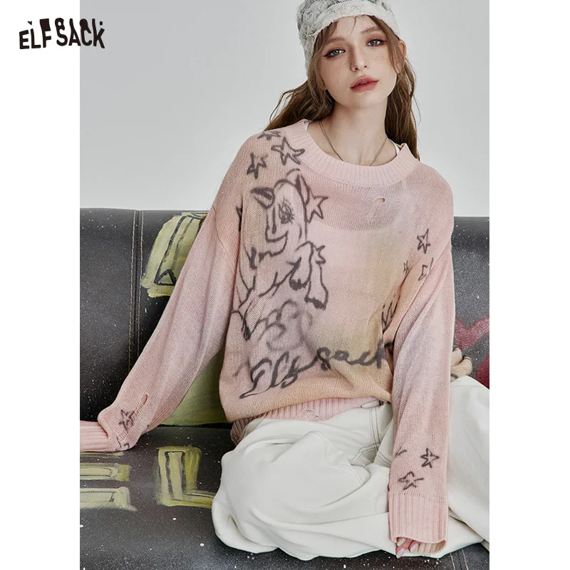 

ELFSACK 2025 Spring New Arrivals Sweet Cool Graffiti Printed Hole Thin Knitted Pullover Women's Loose Streetwear Smudged Top