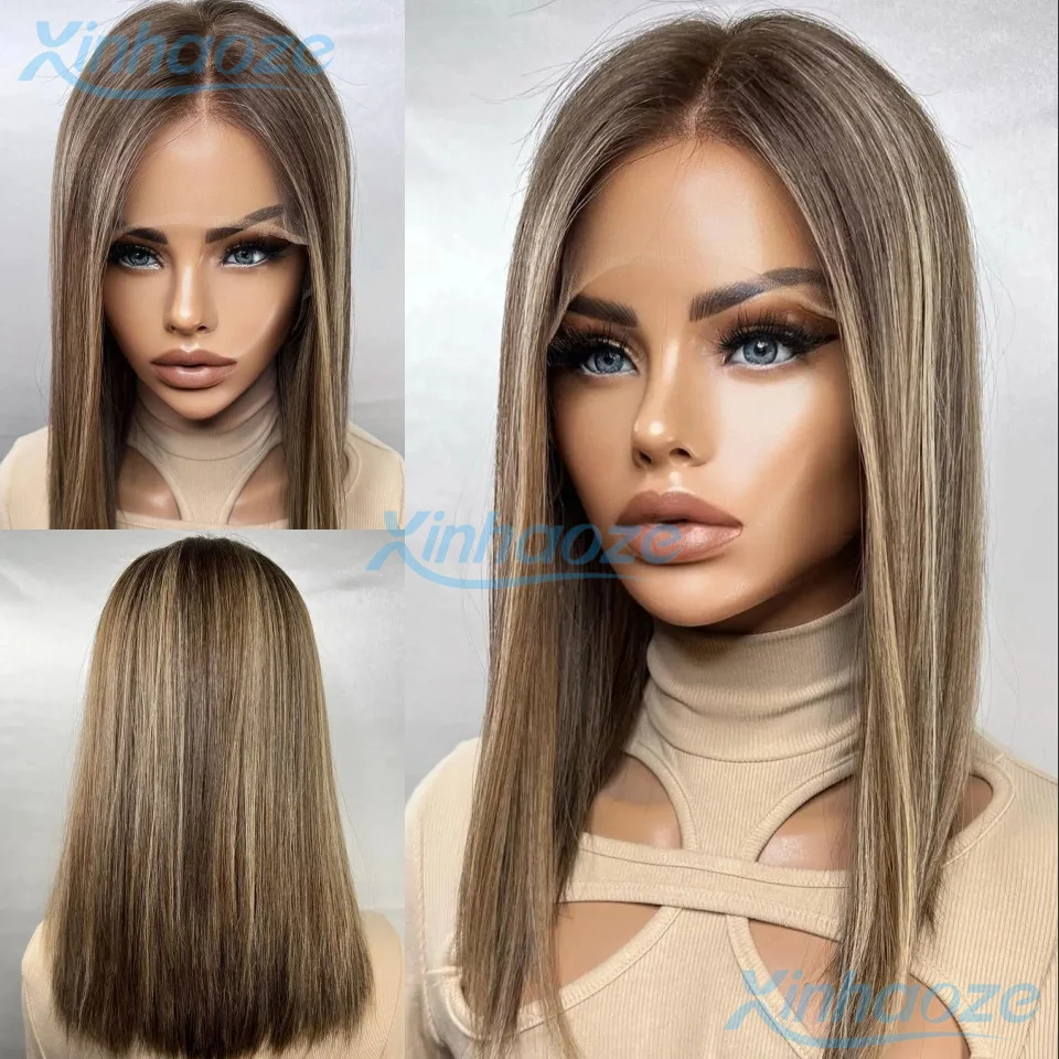 Silky Straight Human Hair Brown Blonde #4/27 Highlight Glueless 5x5 Silk Top Closure Wigs Pre Plucked 13x6/360 Lace Frontal Wigs