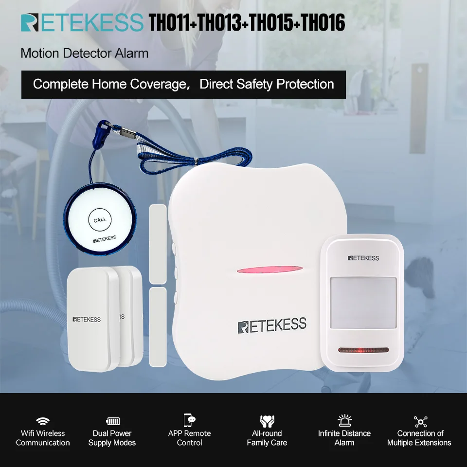 Retekess WiFi Medical Alert System Window Door Sensor Alarm Security Sound Alarm Detector Sensors APP Remote Control For Home