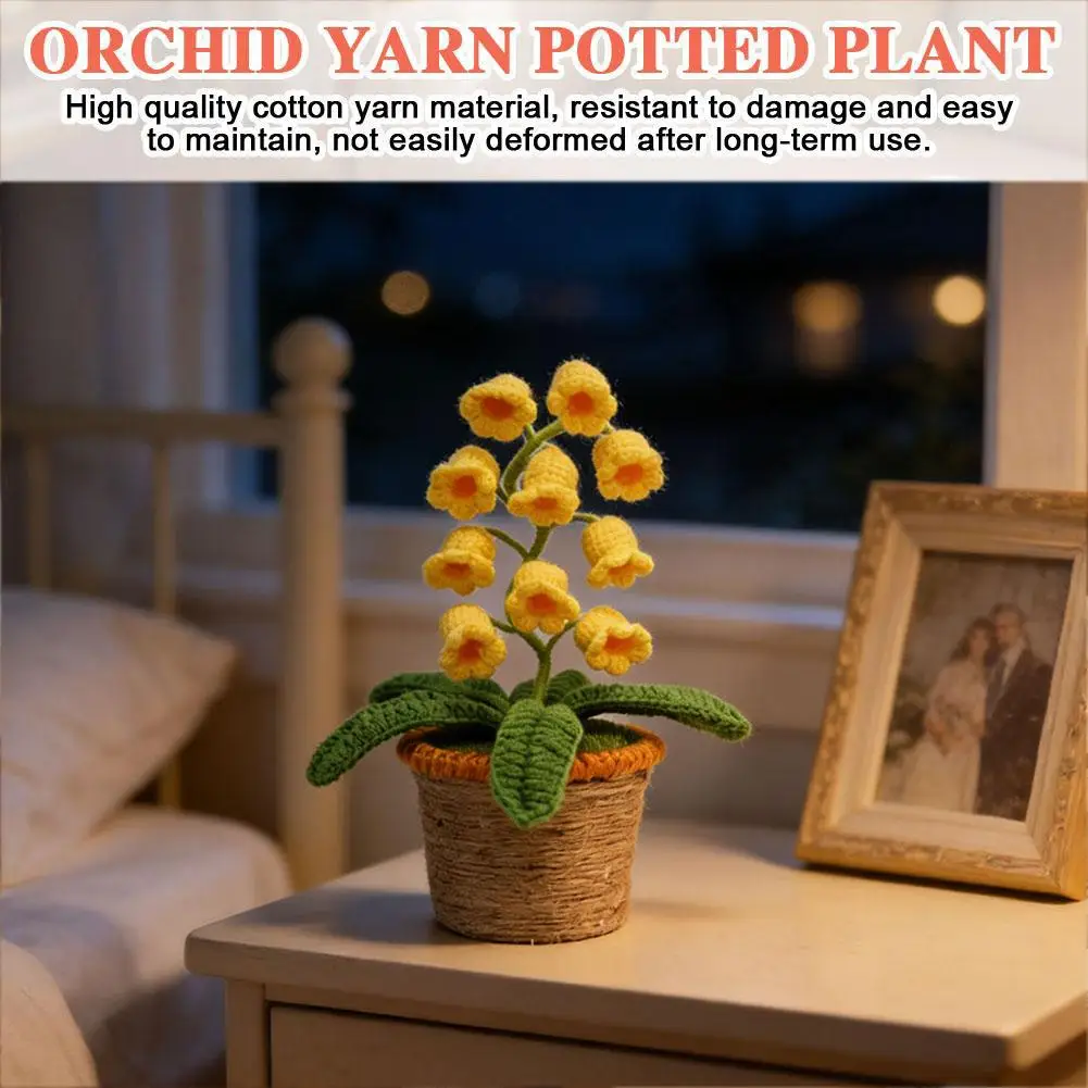 Handmade Crochet Orchid Potted Night Light LED Decorative Lamp for Bedroom Desk Glow Flower Pot Romantic Home Decor