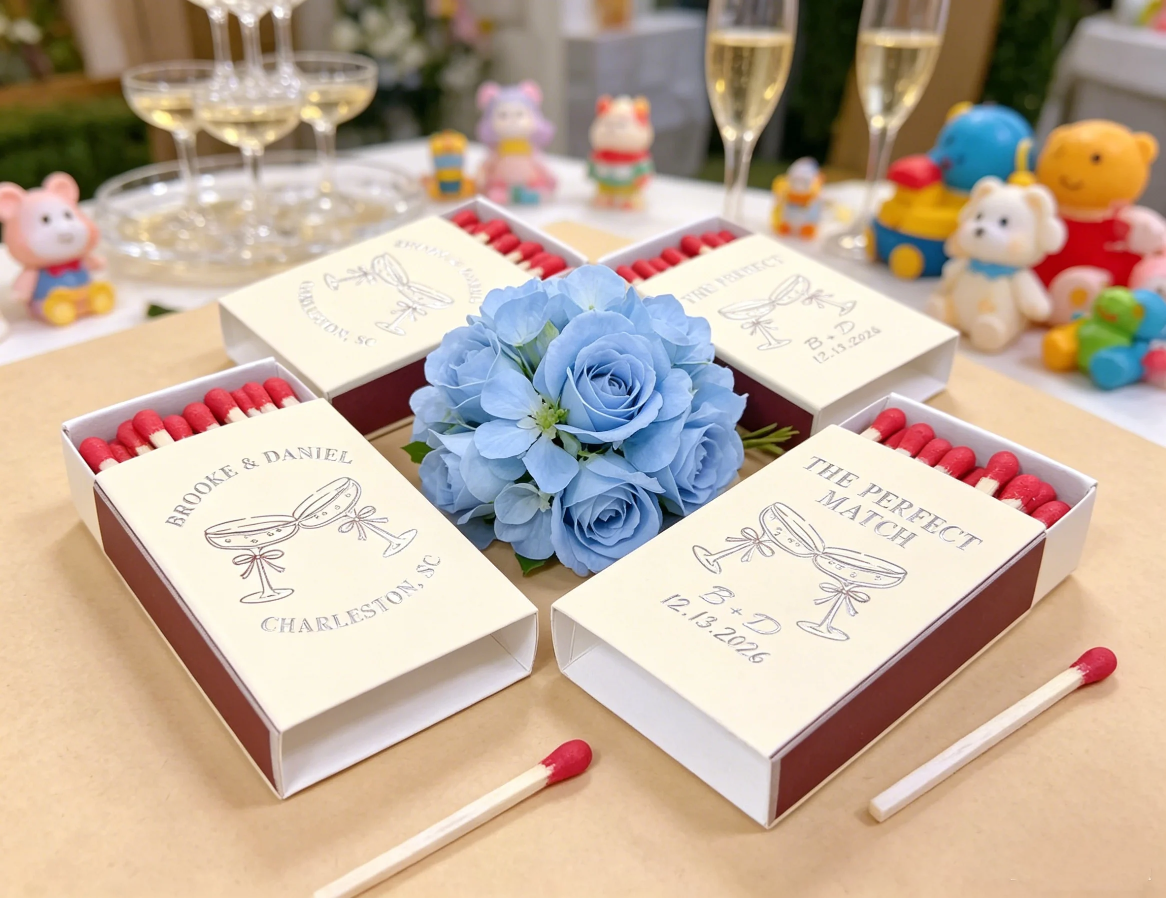 

Elegant Gold Foil Wedding Matchboxes, Personalized Names & Date Matches, Custom Initials Table Decor Favors