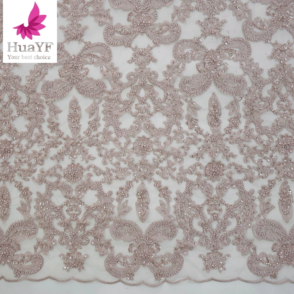 Beautiful Pink Women Wedding Dress Embroidered Flower Beaded Pearl Bridal Lace Fabric HY1663-2