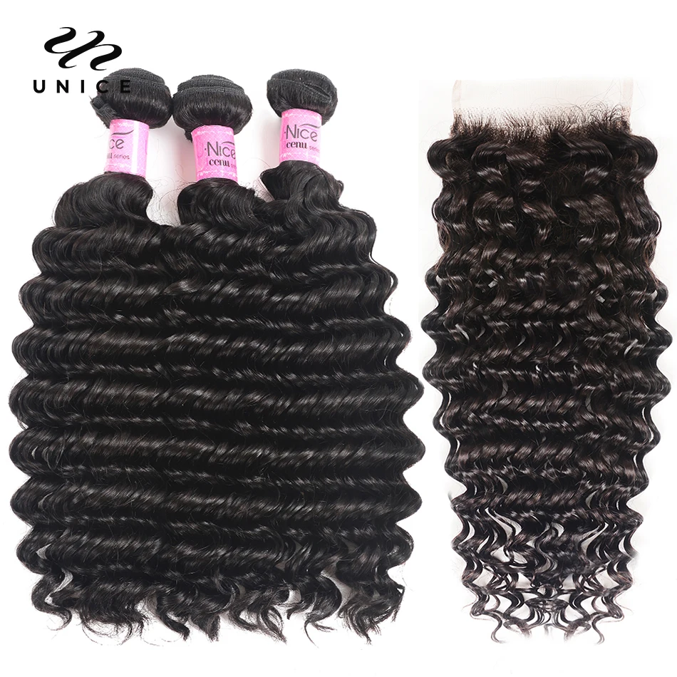 UNice Hair Deep Wave 5x5 HD Lace Closure With 3PCS Bundles 100% Human Hair Bundles With Closure Deal