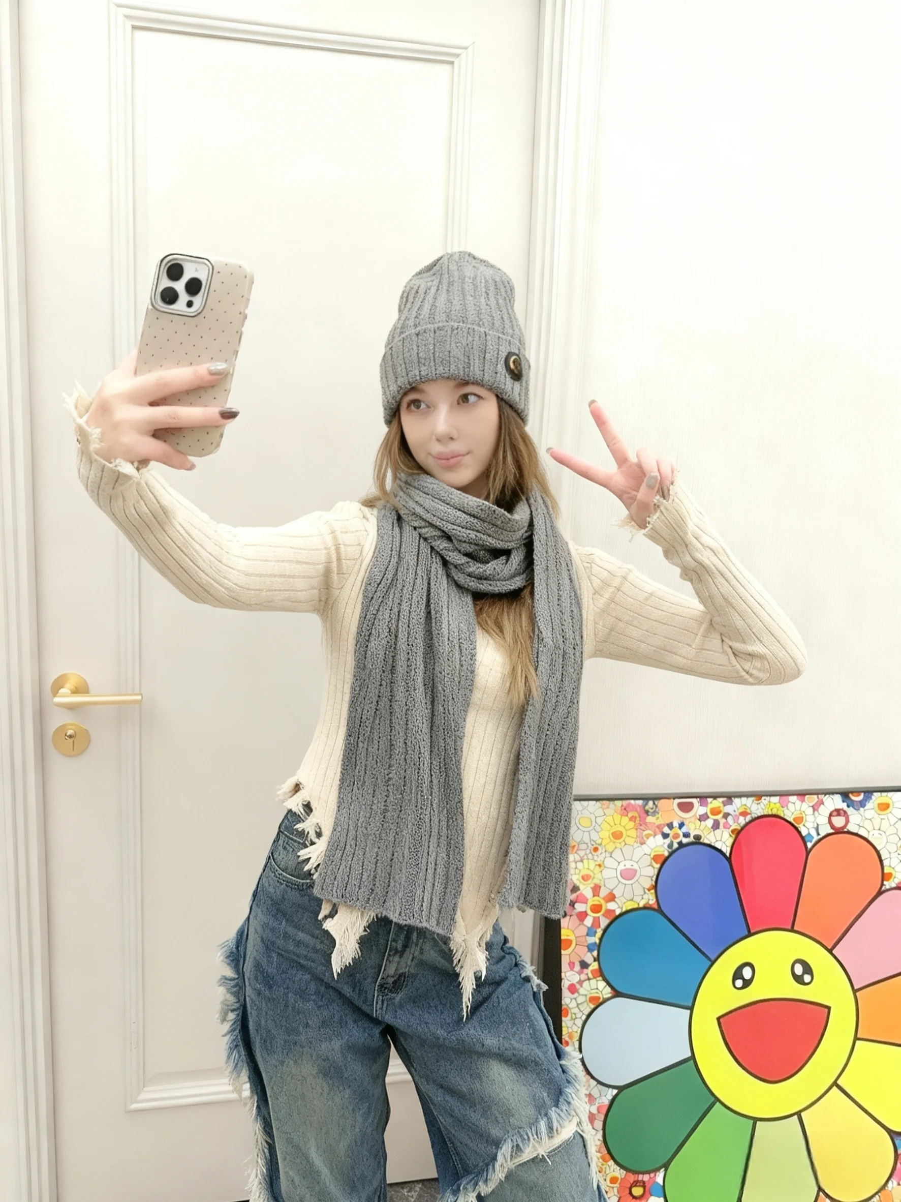 Cozy Gray Ribbed Knit Scarf and Hat Set, Perfect Cold - Weather Accessories for Trendy Looks