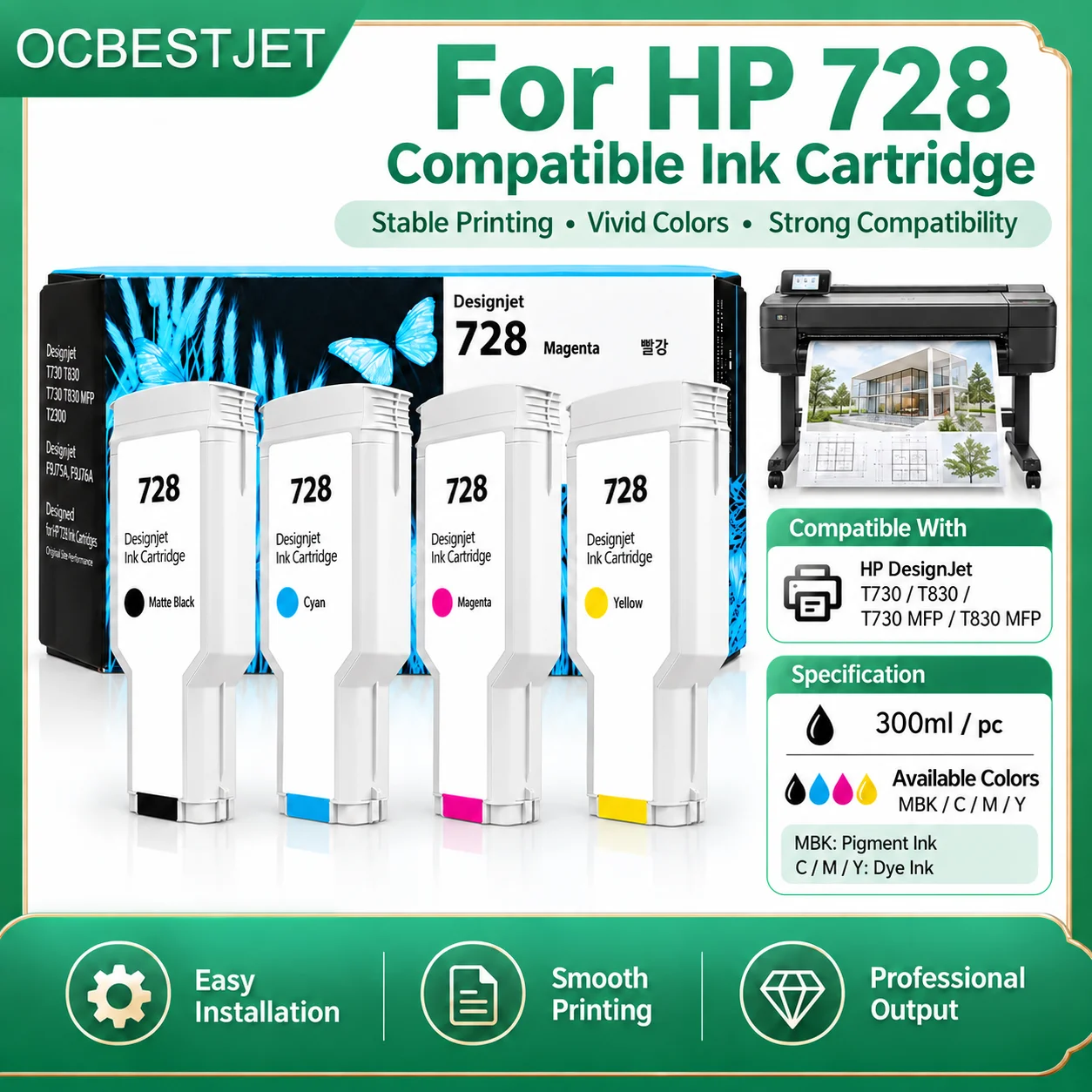 Ocbestjet For HP 728 728XL Compatible Ink Cartridge For HP DesignJet T730 T830 With Full Ink F9J68A F9J67A F9J66A Vivid Color