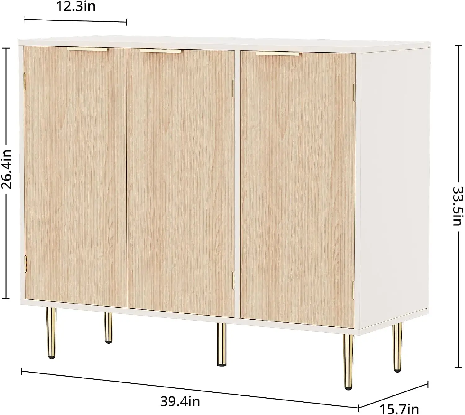 Fluted Sideboard Buffet Cabinet With 3 Doors, Natural Oak Kitchen Storage Cabinet with Adjustable Shelves & Golden Handles, Modern Accent Cabinet, Coffee Bar for Kitchen, Living Room