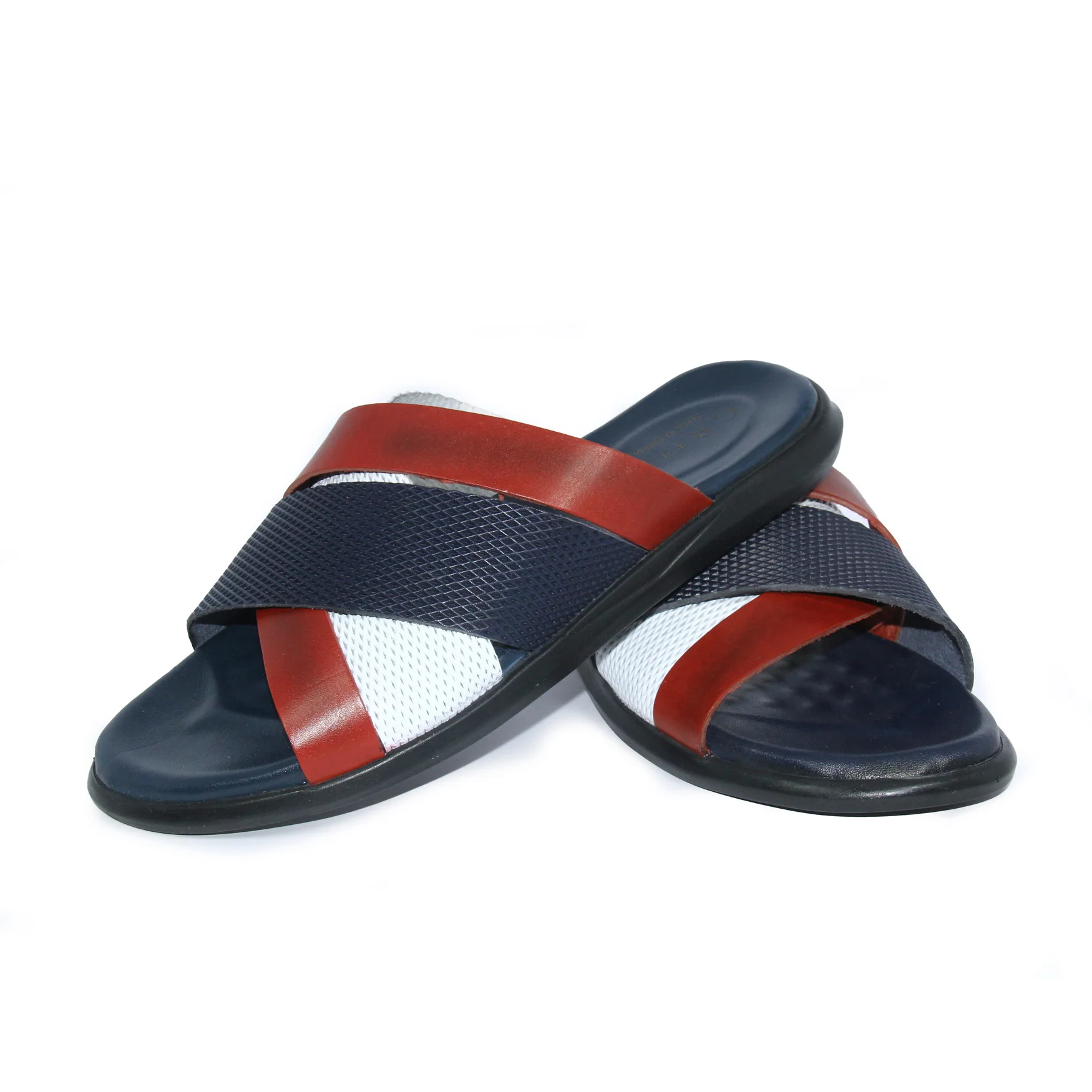 GROZ Dark Blue Red White Leather Slippers, Real Calfskin, Lightweight Sliders for Travelling Outdoor Sandals, Summer Collection