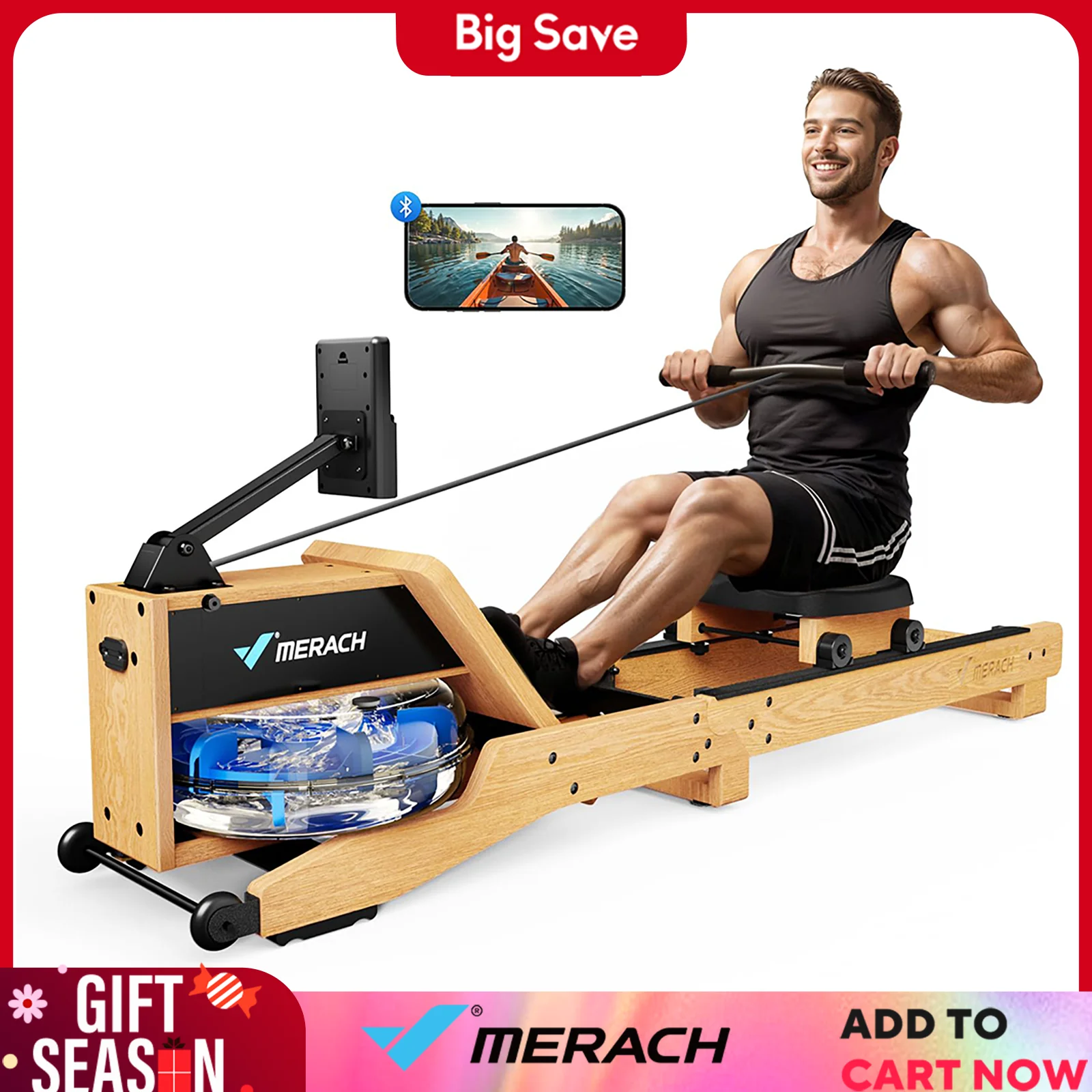 MERACH Water Rowing Machines for Home Oak Wood Rower with 12 Enhanced Resistance Blades Upgraded Handle Adjustable Footpad & App