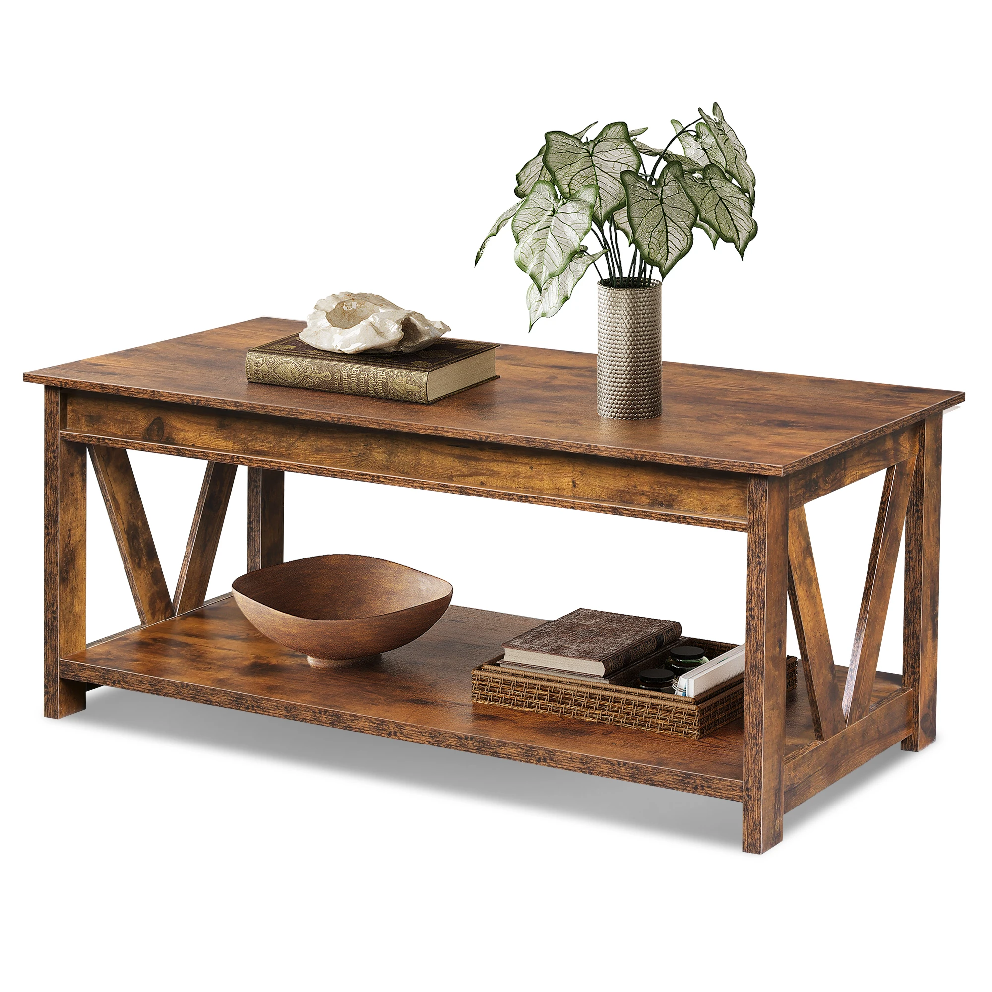Coffee Table, 43.3 Inch Farmhouse Table with Storage, Rustic Brown Rustic Wood Grain, V-Shaped Side Support, Wipe-Clean Coated Surface, Open Tier For Blankets, Books, Games, Decor