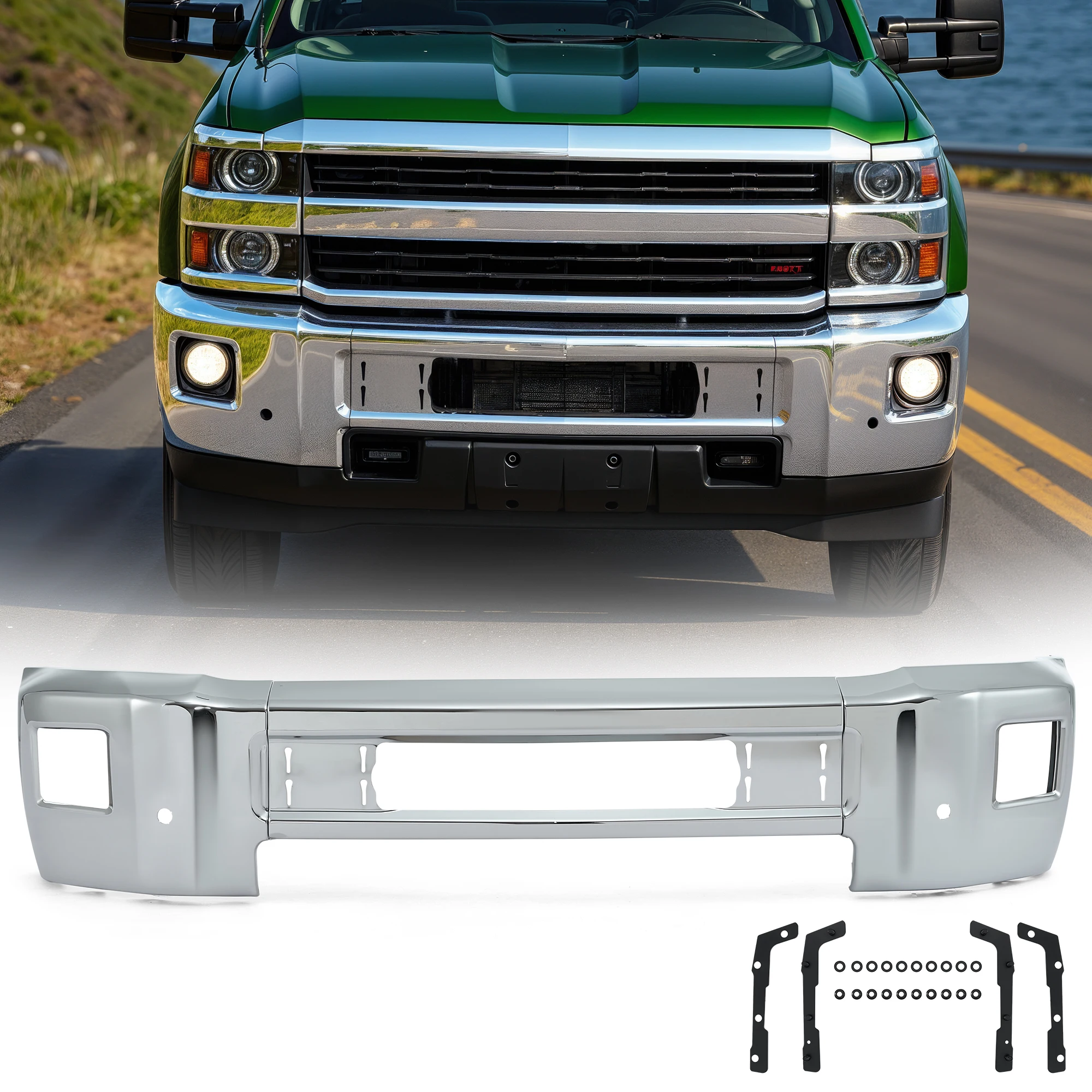 

Разделенный хромированный передний бампер для Chevy Silverado 2500 HD 2015 2016 2017 2018 2019 с отверстиями для противотуманных фар и отверстиями для датчика помощи при парковке