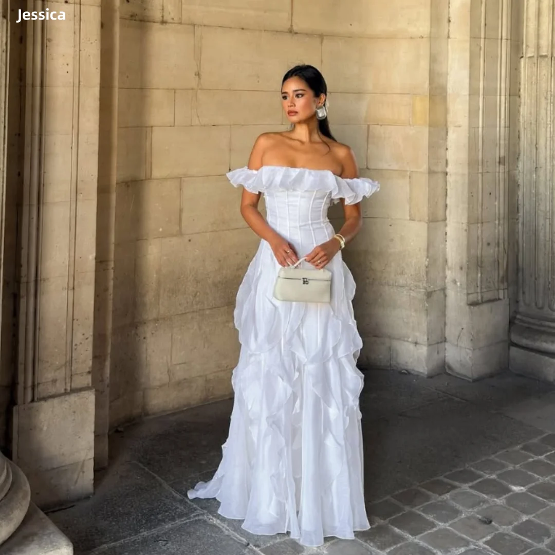 

Jessica Fishbone Ruffles Multi-layer Evening Dresses Exquisite White Prom Dresses Off-the-shoulder A-line Party Dresses