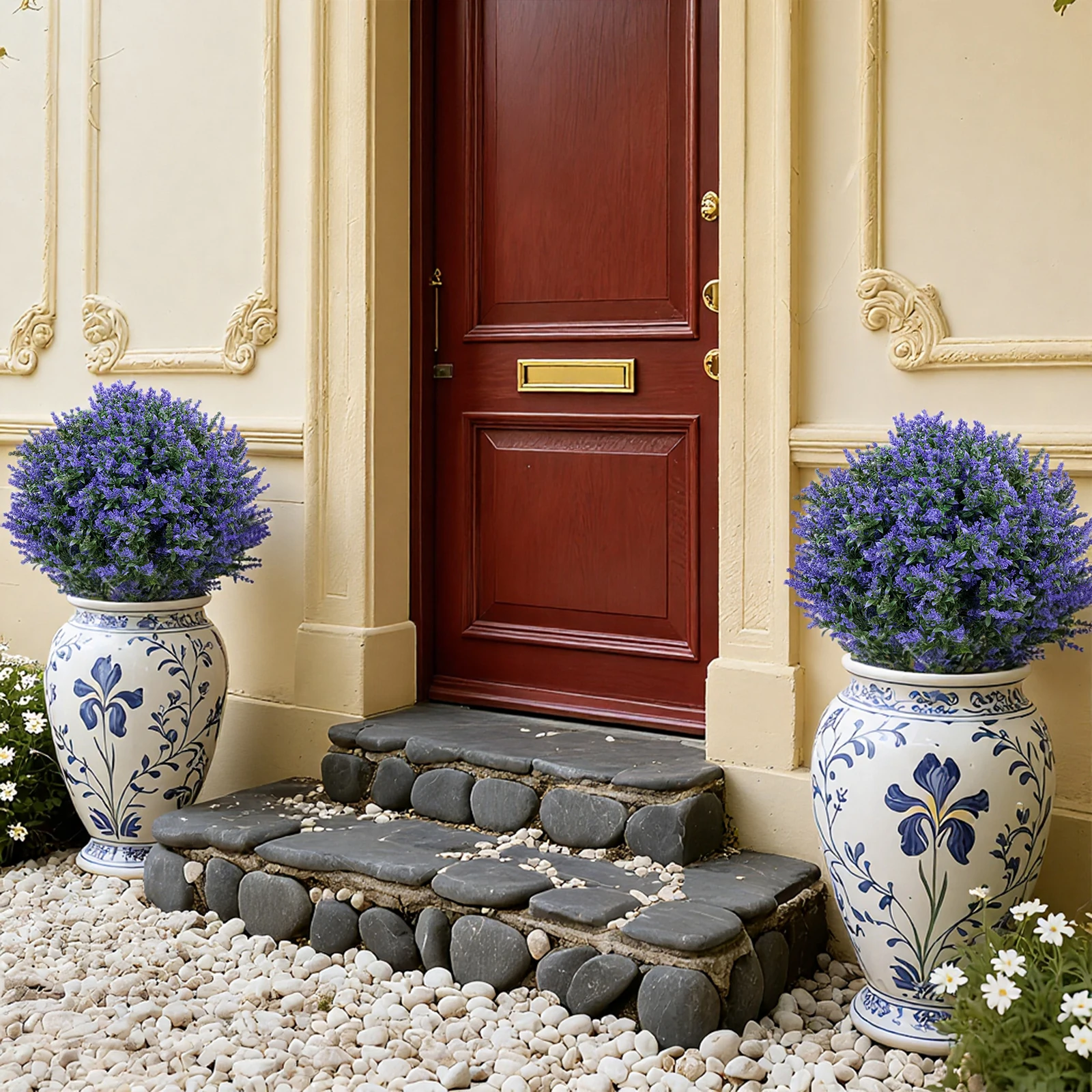 Lot de 2 arbres artificiels en cèdre et lavande – Résistants aux UV et aux intempéries – Fleurs en soie réalistes – Plantes artificielles persistantes en fer et plastique – Pour jardin, balcon, terrasse